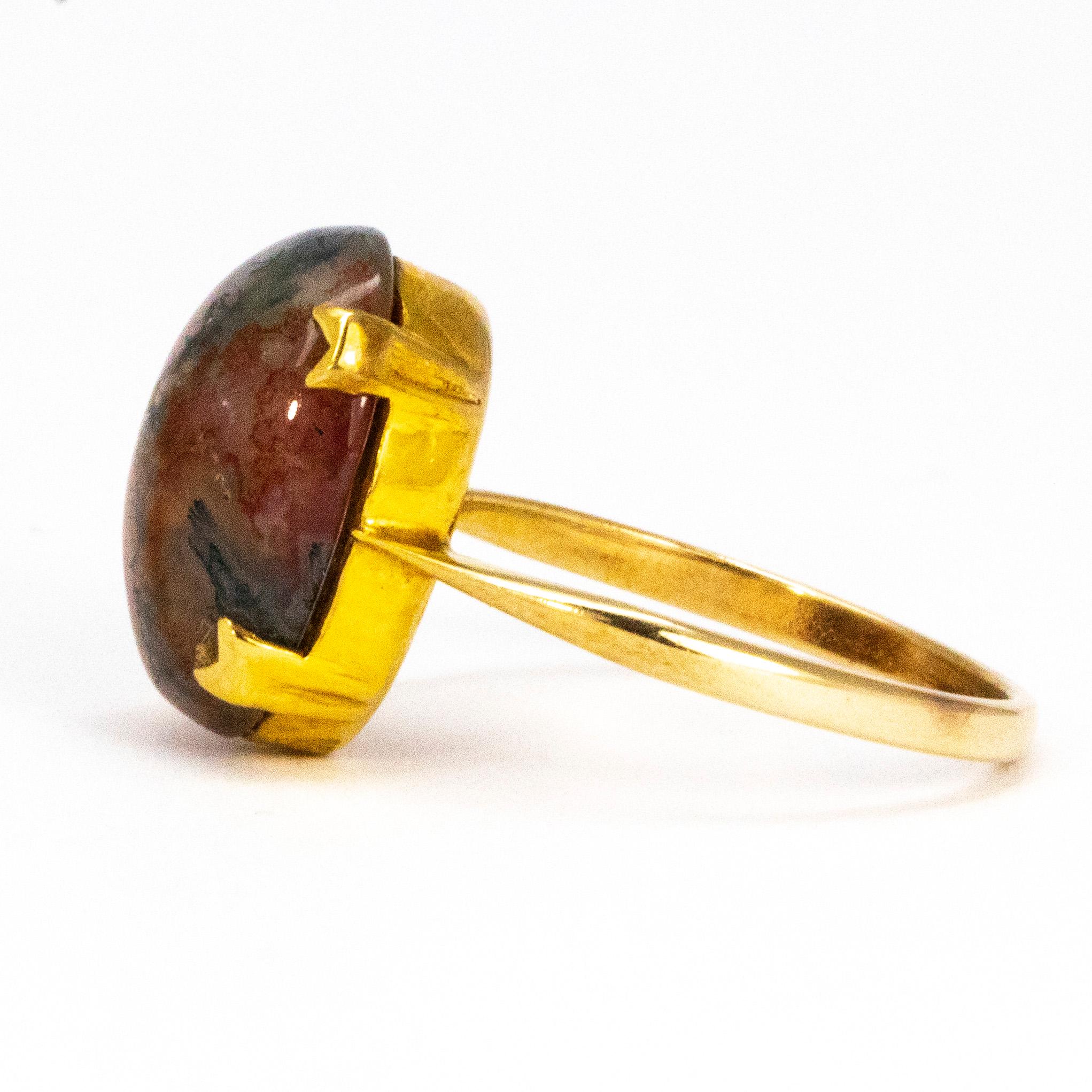 Modern Vintage Moss Agate and 9 Carat Gold Ring