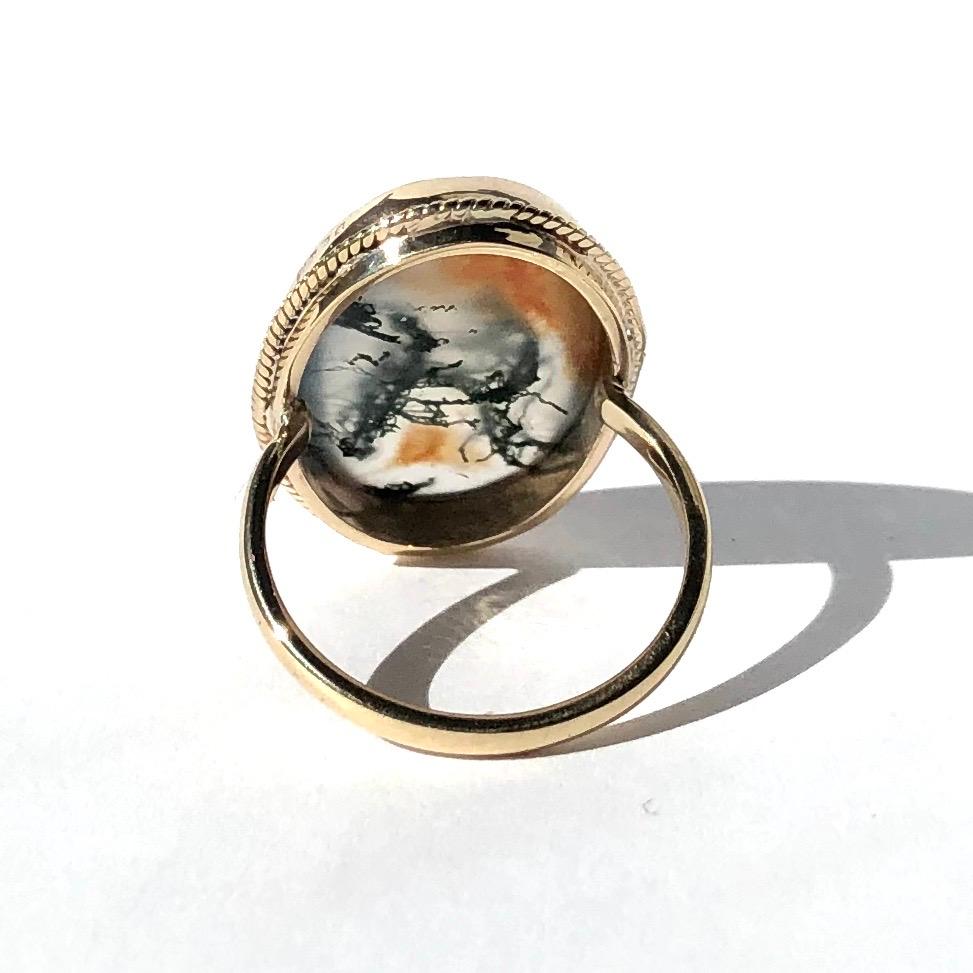 Modern Vintage Moss Agate and 9 Carat Gold Ring