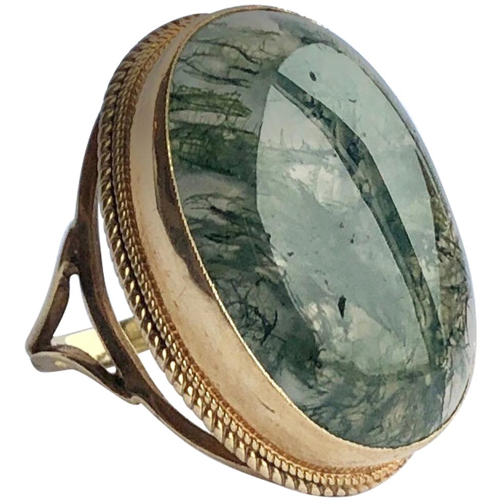 Vintage Moss Agate and 9 Carat Gold Ring For Sale