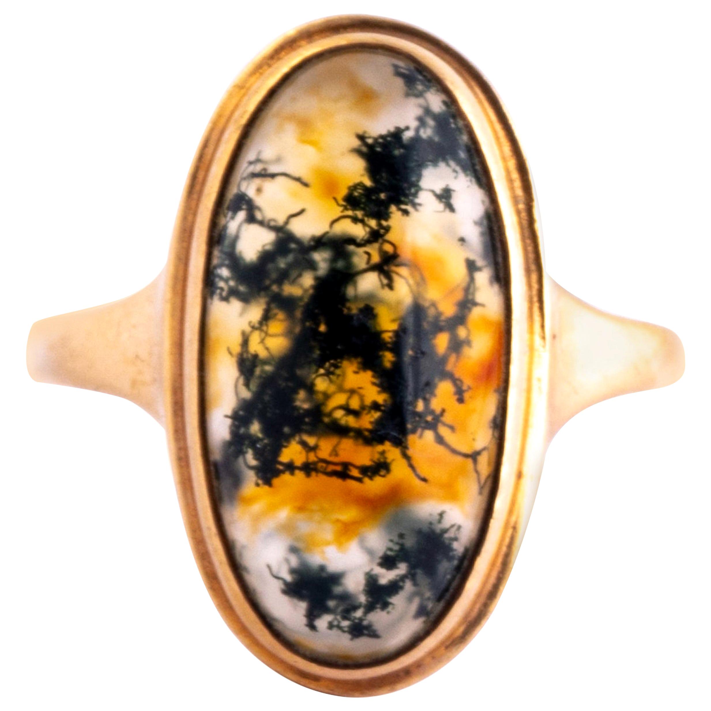 Vintage Moss Agate and 9 Carat Gold Ring For Sale