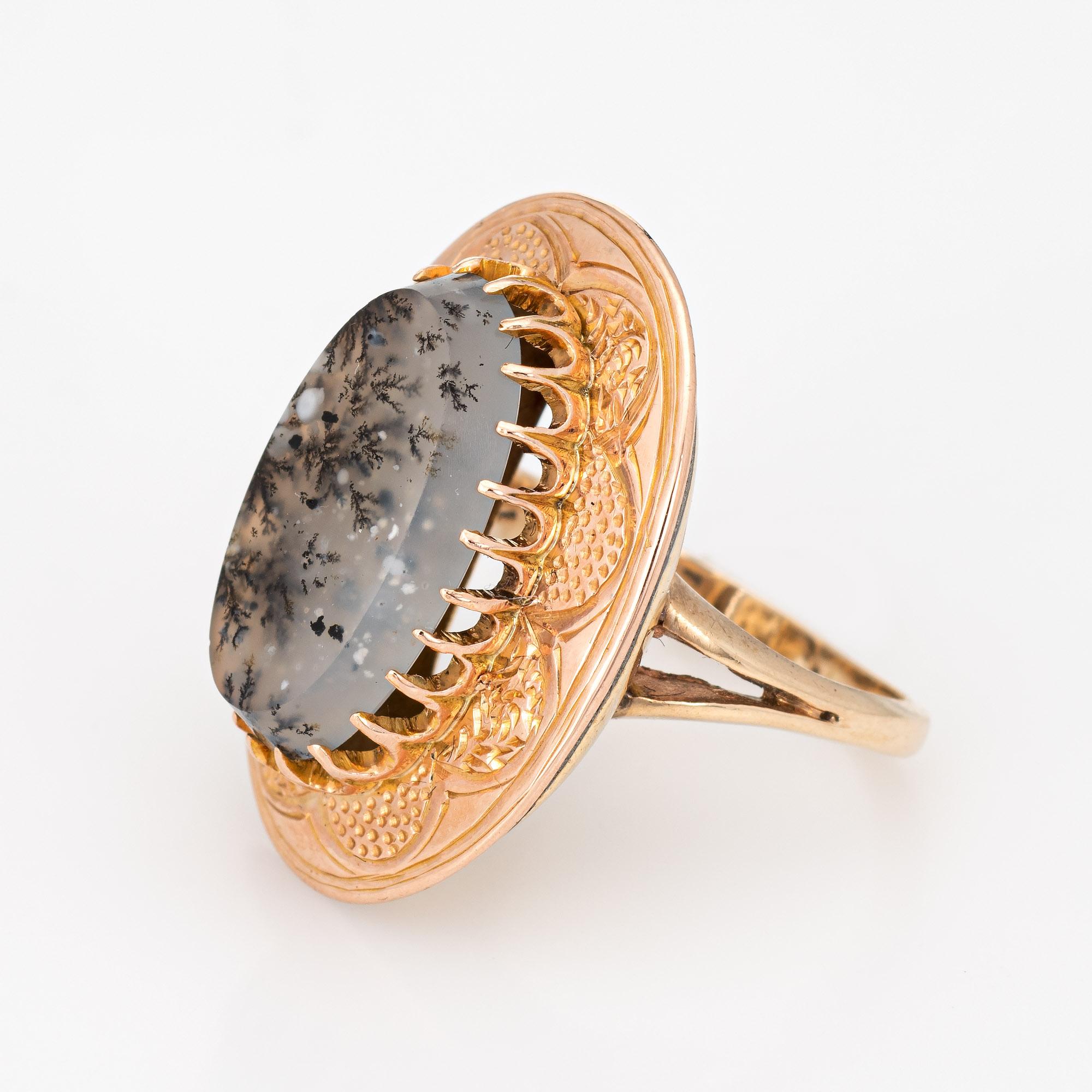 Modern Vintage Moss Agate Ring 10k Rose Gold Large Oval Cocktail Estate Fine Jewelry For Sale