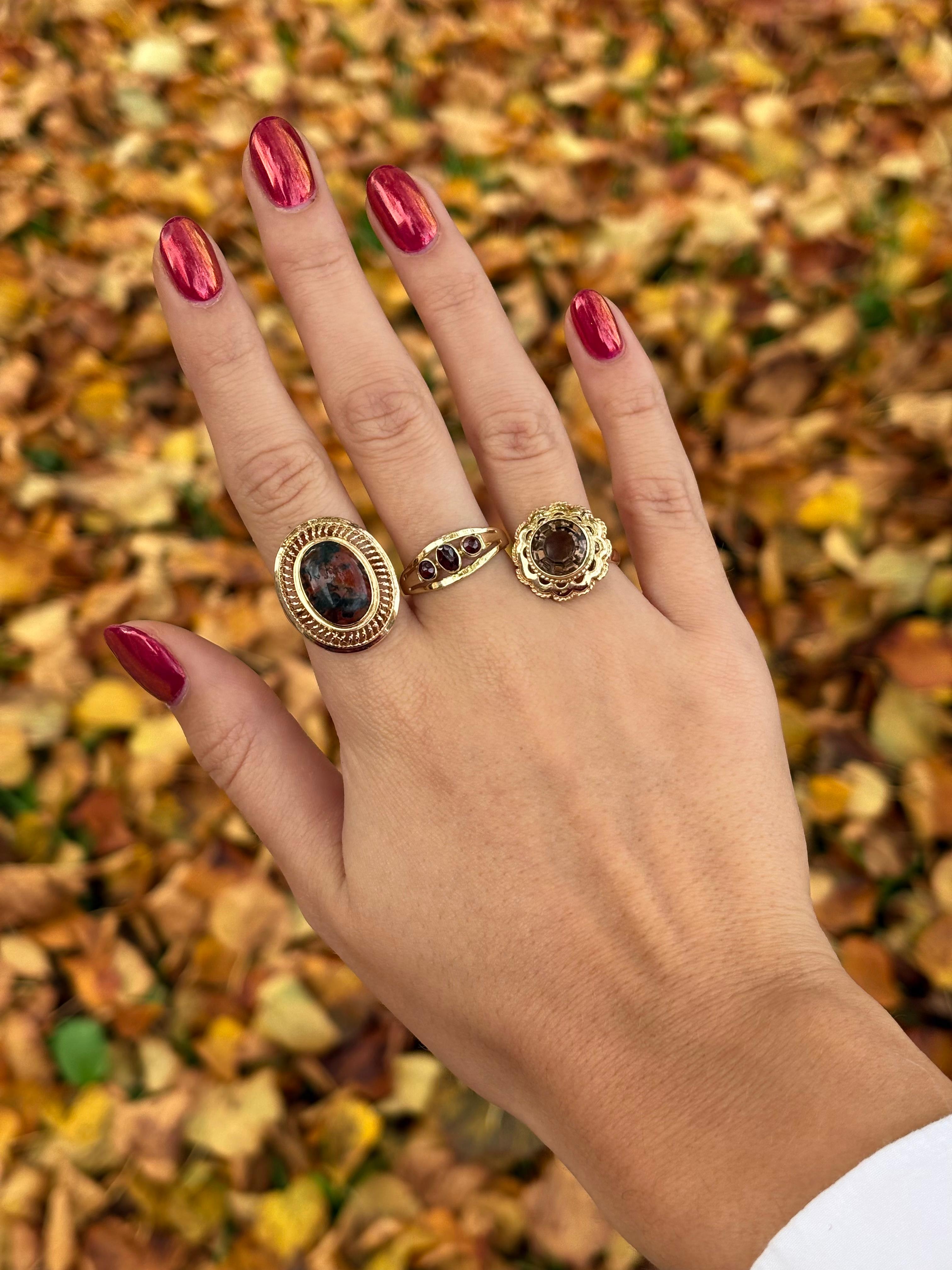 Vintage Moss Achat Aussage Ring, 14 Karat Gelbgold Größe 6,5 Damen im Angebot