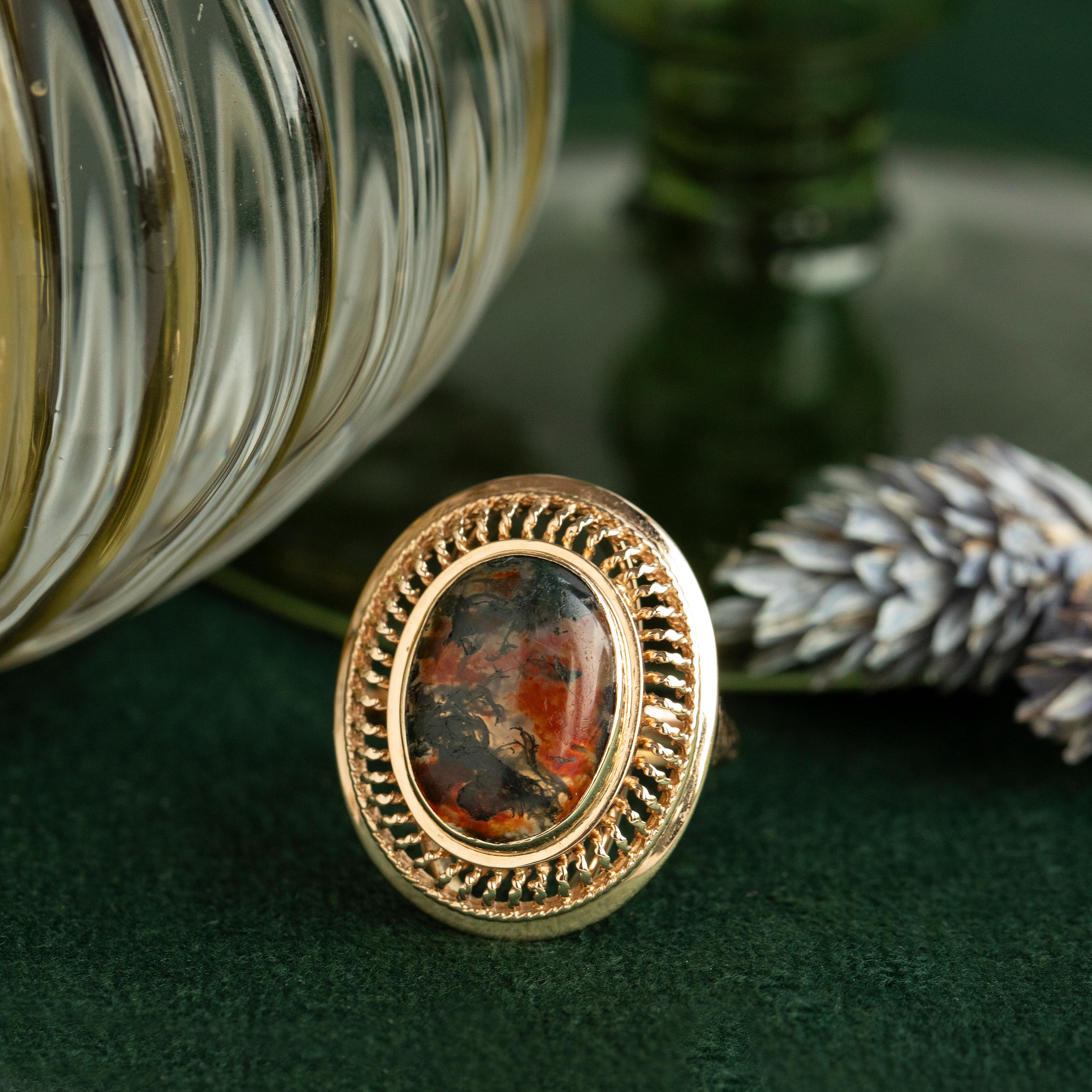 Vintage Moss Achat Aussage Ring, 14 Karat Gelbgold Größe 6,5 im Angebot 1
