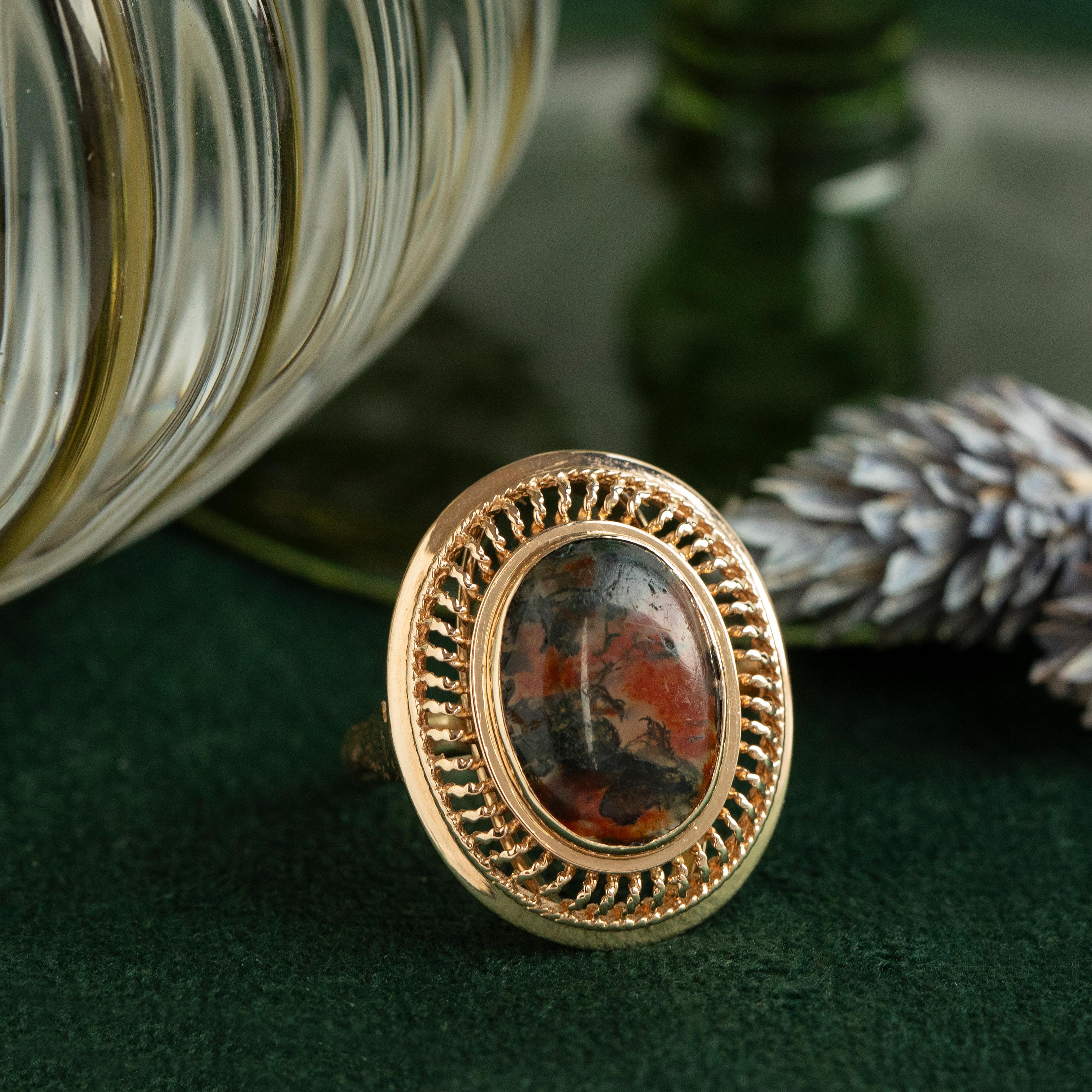 Vintage Moss Achat Aussage Ring, 14 Karat Gelbgold Größe 6,5 im Angebot 2