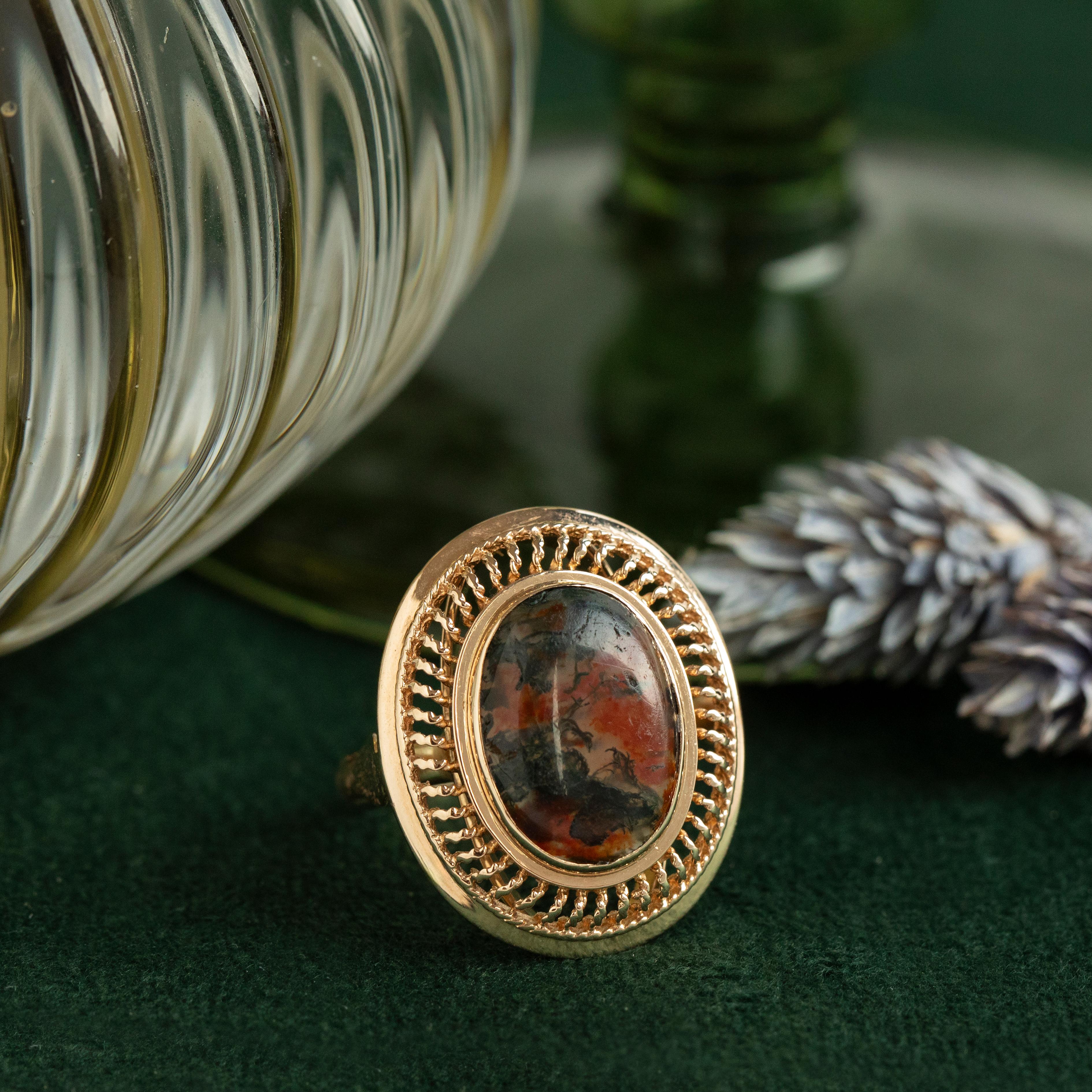 Vintage Moss Achat Aussage Ring, 14 Karat Gelbgold Größe 6,5 im Angebot 3
