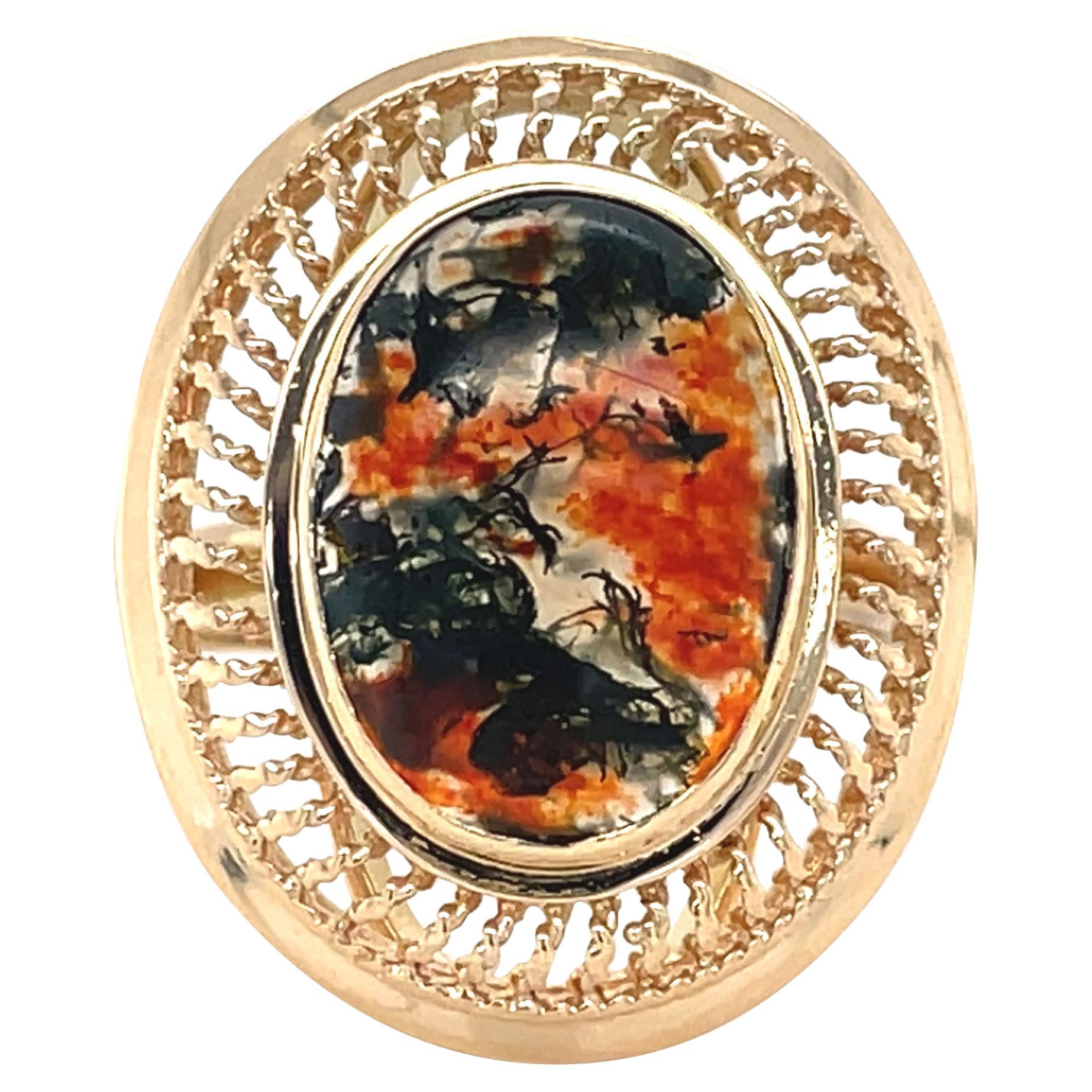 Vintage Moss Agate Statement Ring, 14 Karat Yellow Gold Size 6.5