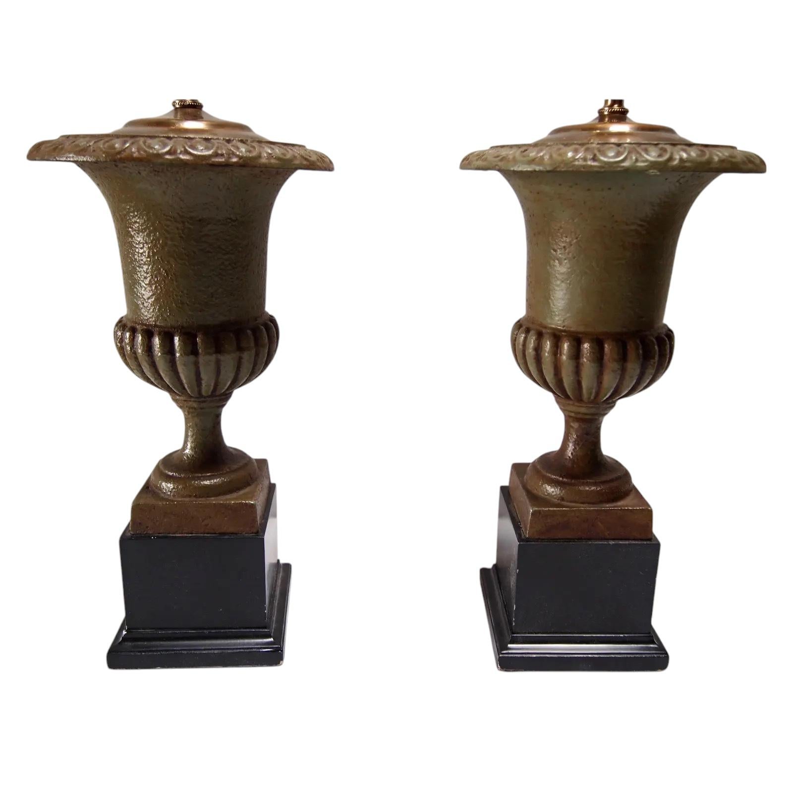 20th Century Vintage Moss Green Iron Campagna Urn Shaped Lamps For Sale