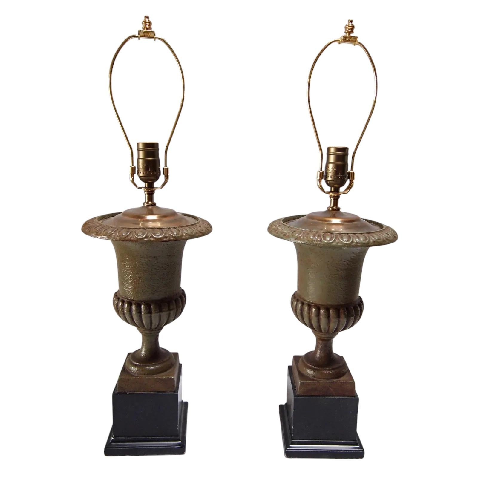 Vintage Moss Green Iron Campagna Urn Shaped Lamps For Sale 1