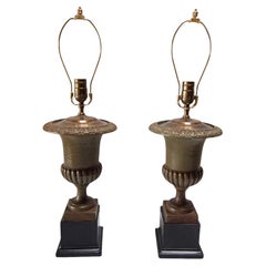 Vintage Moss Green Iron Campagna Urn Shaped Lamps