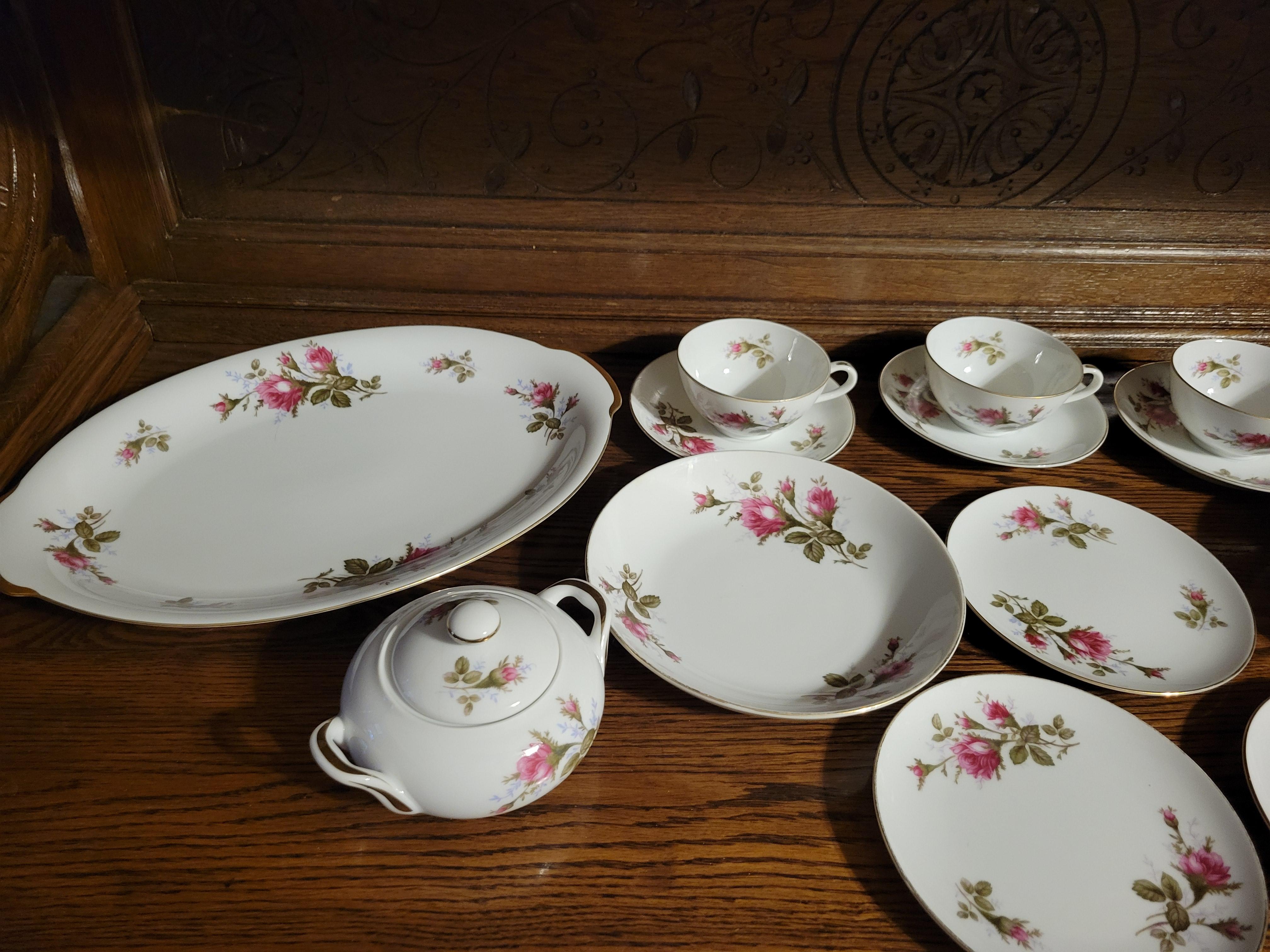 Porcelain Vintage Moss Rose by Japan Fine China Tea Set - 15 Pieces plus 13 Replacements For Sale