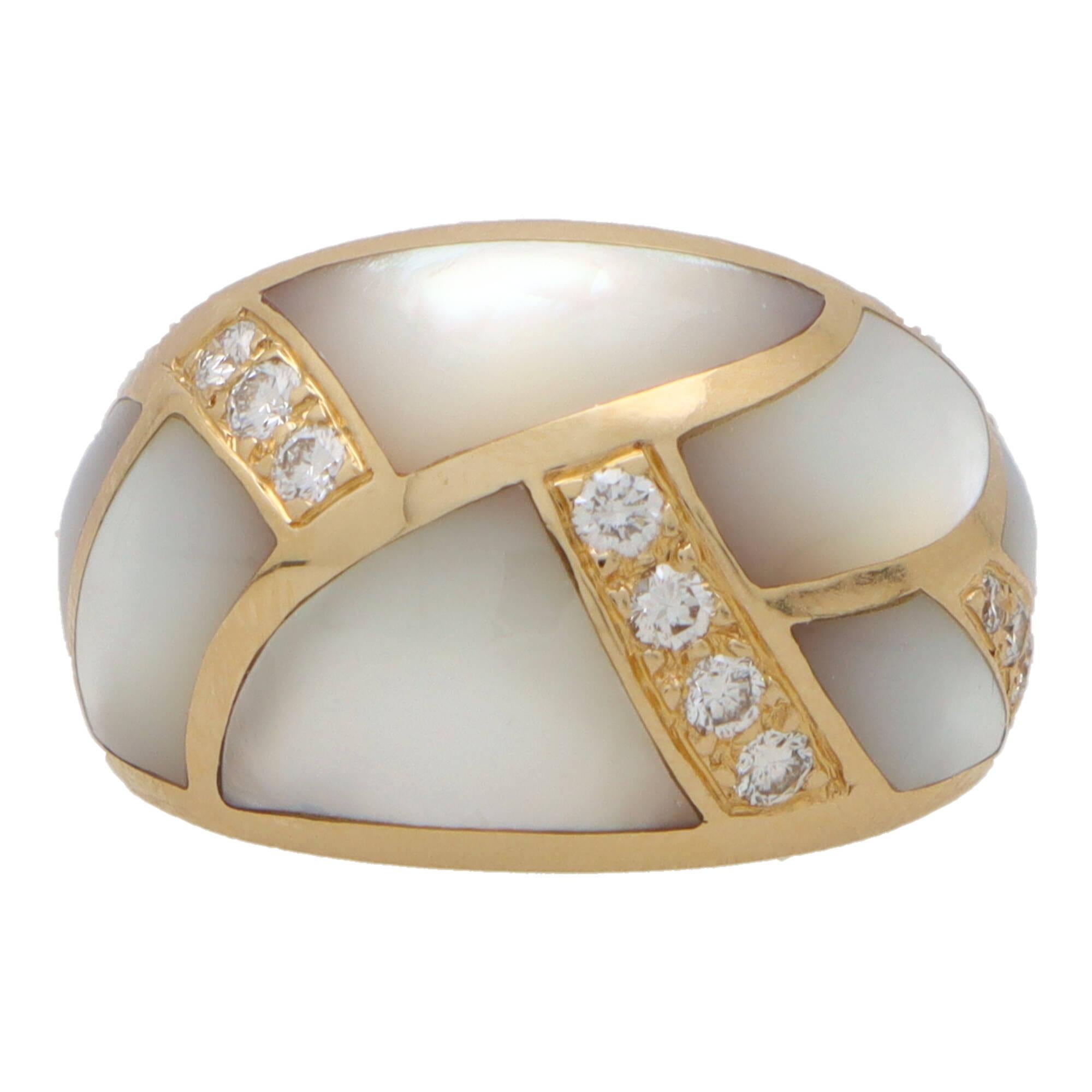 Modern  Vintage Mother of Pearl and Diamond Bombe Ring in 14k Yellow Gold For Sale