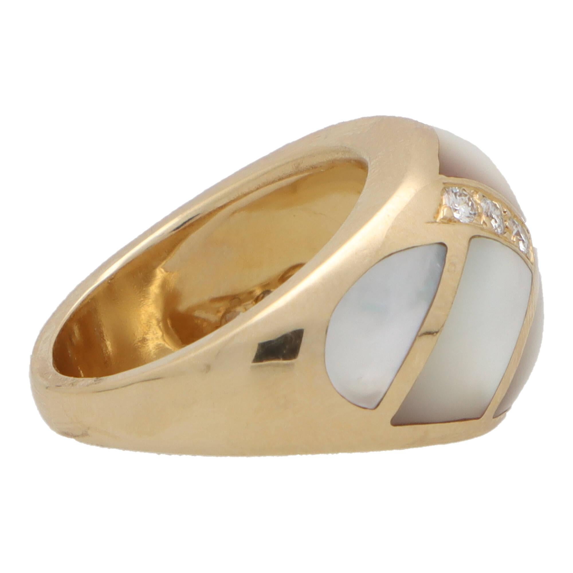 Round Cut  Vintage Mother of Pearl and Diamond Bombe Ring in 14k Yellow Gold For Sale