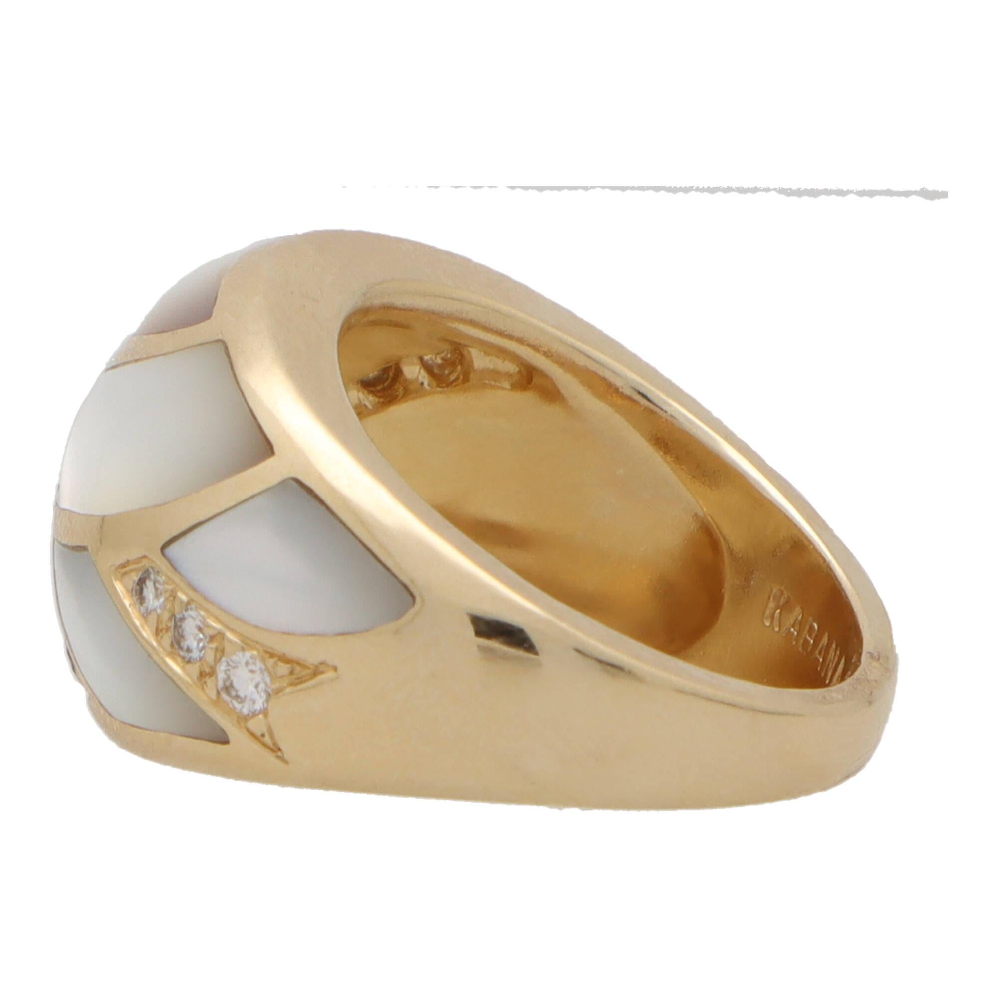 Vintage Mother of Pearl and Diamond Bombe Ring in 14k Yellow Gold In Excellent Condition For Sale In London, GB