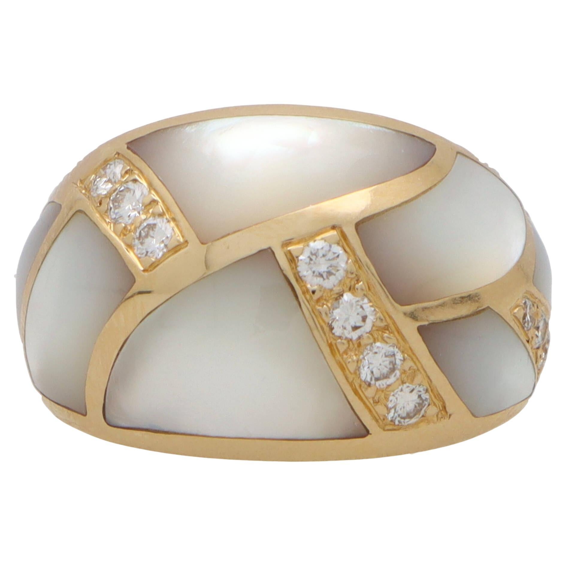  Vintage Mother of Pearl and Diamond Bombe Ring in 14k Yellow Gold For Sale
