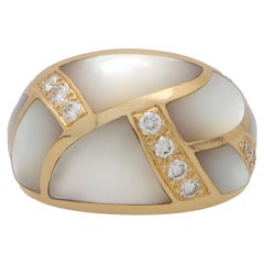  Vintage Mother of Pearl and Diamond Bombe Ring in 14k Yellow Gold