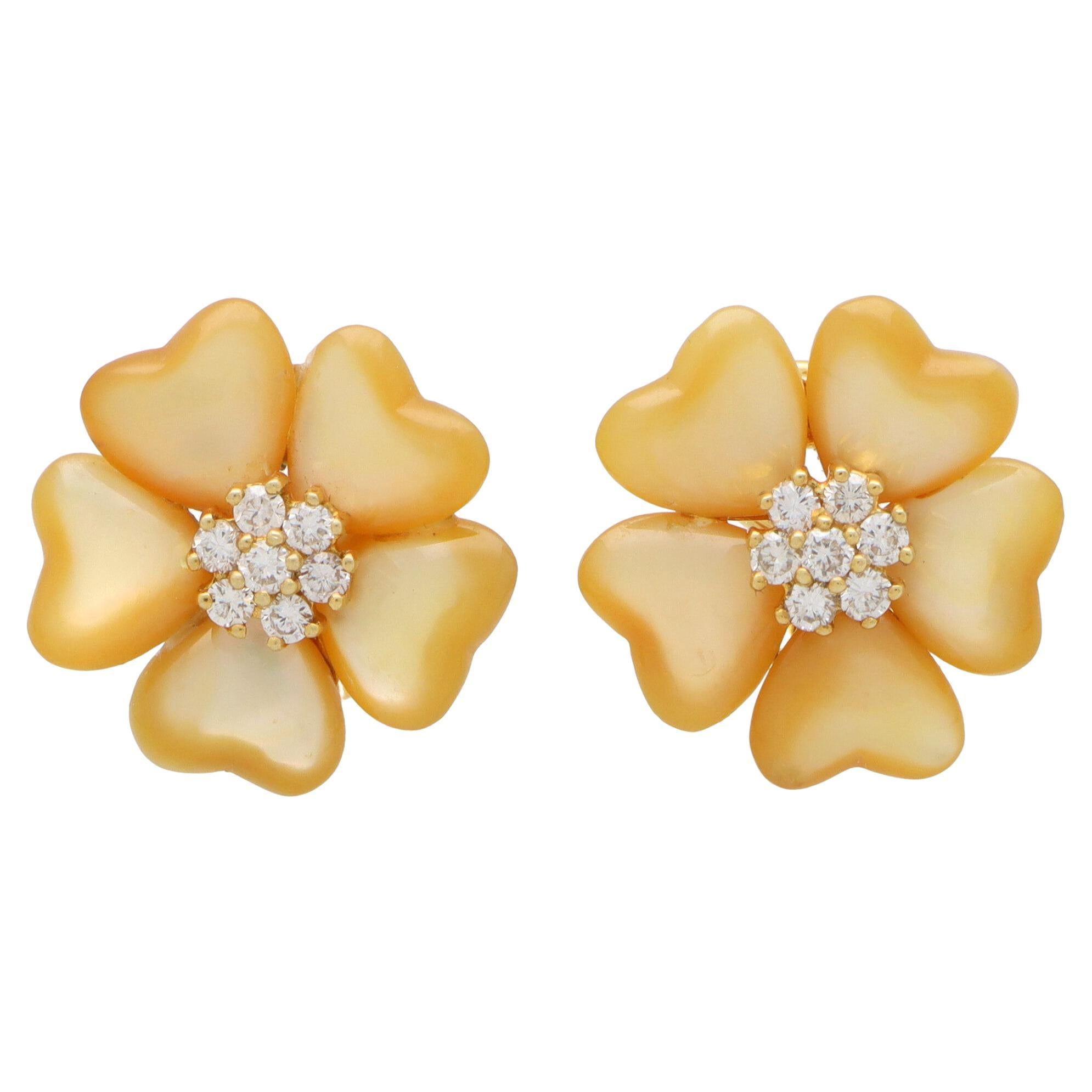 Vintage Mother-of-Pearl and Diamond Flower Earrings Set in 18k Yellow Gold