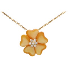 Vintage Mother-of-Pearl and Diamond Flower Pendant Necklace Set in Yellow Gold