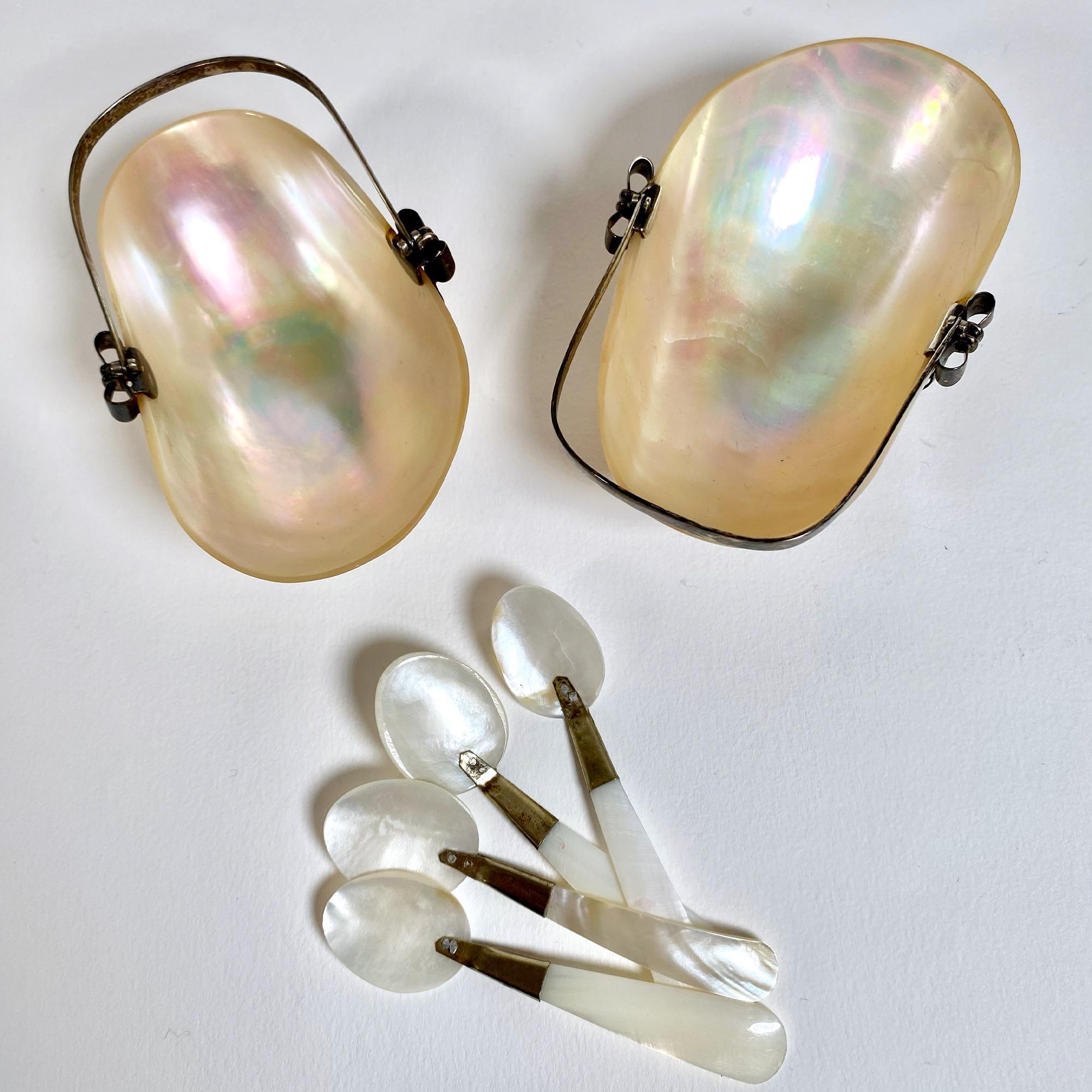 20th Century Vintage Mother-of-Pearl and Silver Salt and Pepper Set with Spoons, 1970s For Sale