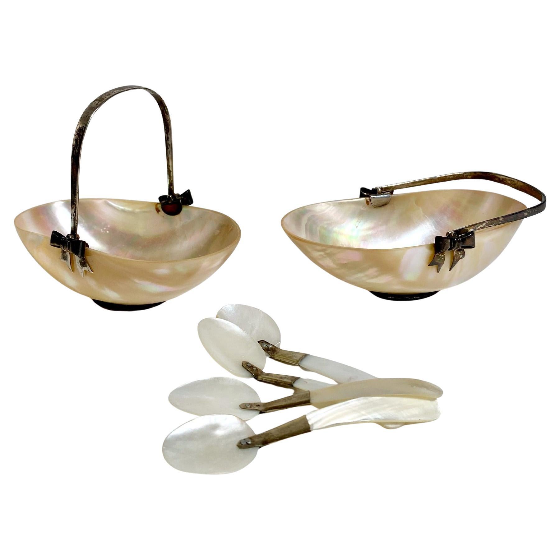 Vintage Mother-of-Pearl and Silver Salt and Pepper Set with Spoons, 1970s For Sale