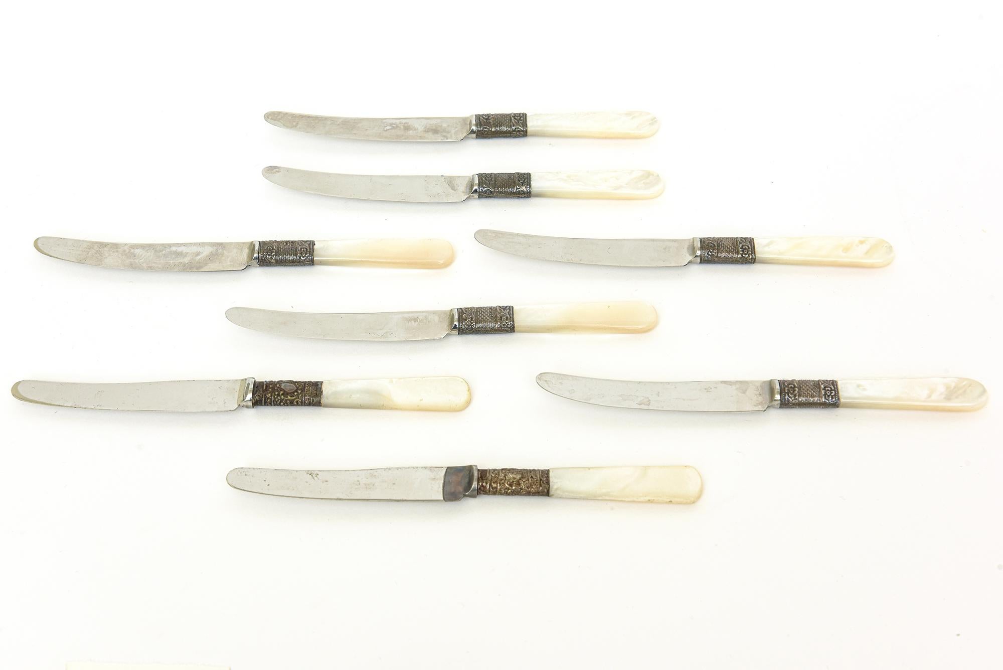 German  Vintage Mother of Pearl and Stainless Steel Appetizer Knives Set of 8 For Sale