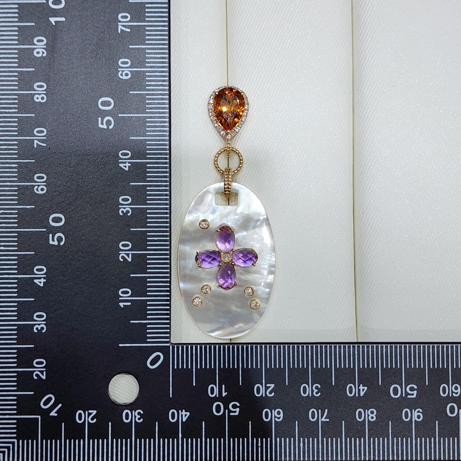 Vintage Mother of Pearl Citrine Amethyst Diamond Dangle Earring in 14k Gold In New Condition For Sale In Hong Kong, HK