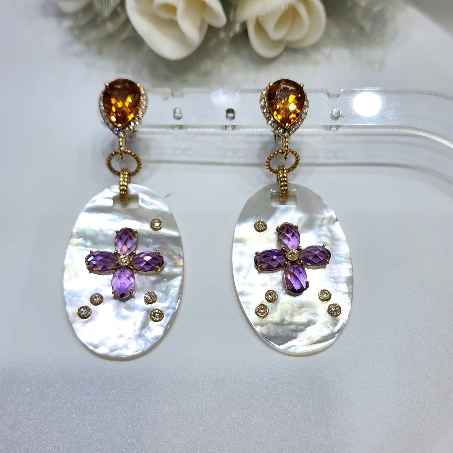 Vintage Mother of Pearl Citrine Amethyst Diamond Dangle Earring in 14k Gold For Sale 1