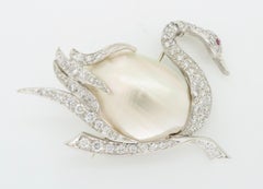 Vintage Mother of Pearl, Diamond, and Ruby Swan Brooch