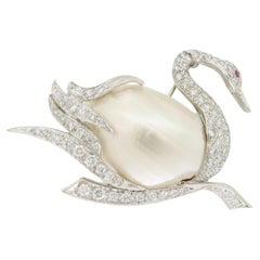 Vintage Mother of Pearl, Diamond, and Ruby Swan Brooch