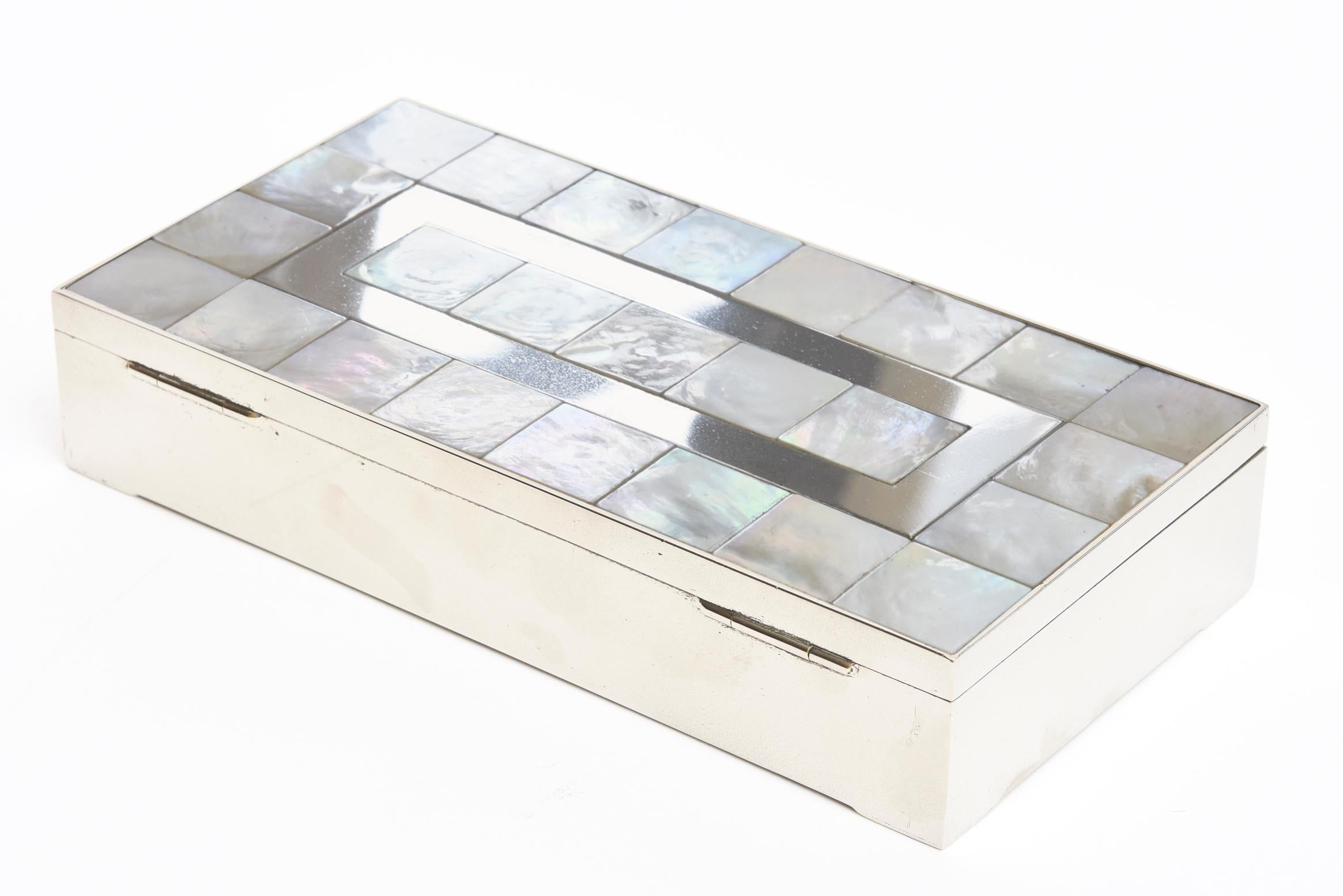 Vintage Mother-of-Pearl, Wood and Nickel Silver Hinged Box In Good Condition In North Miami, FL