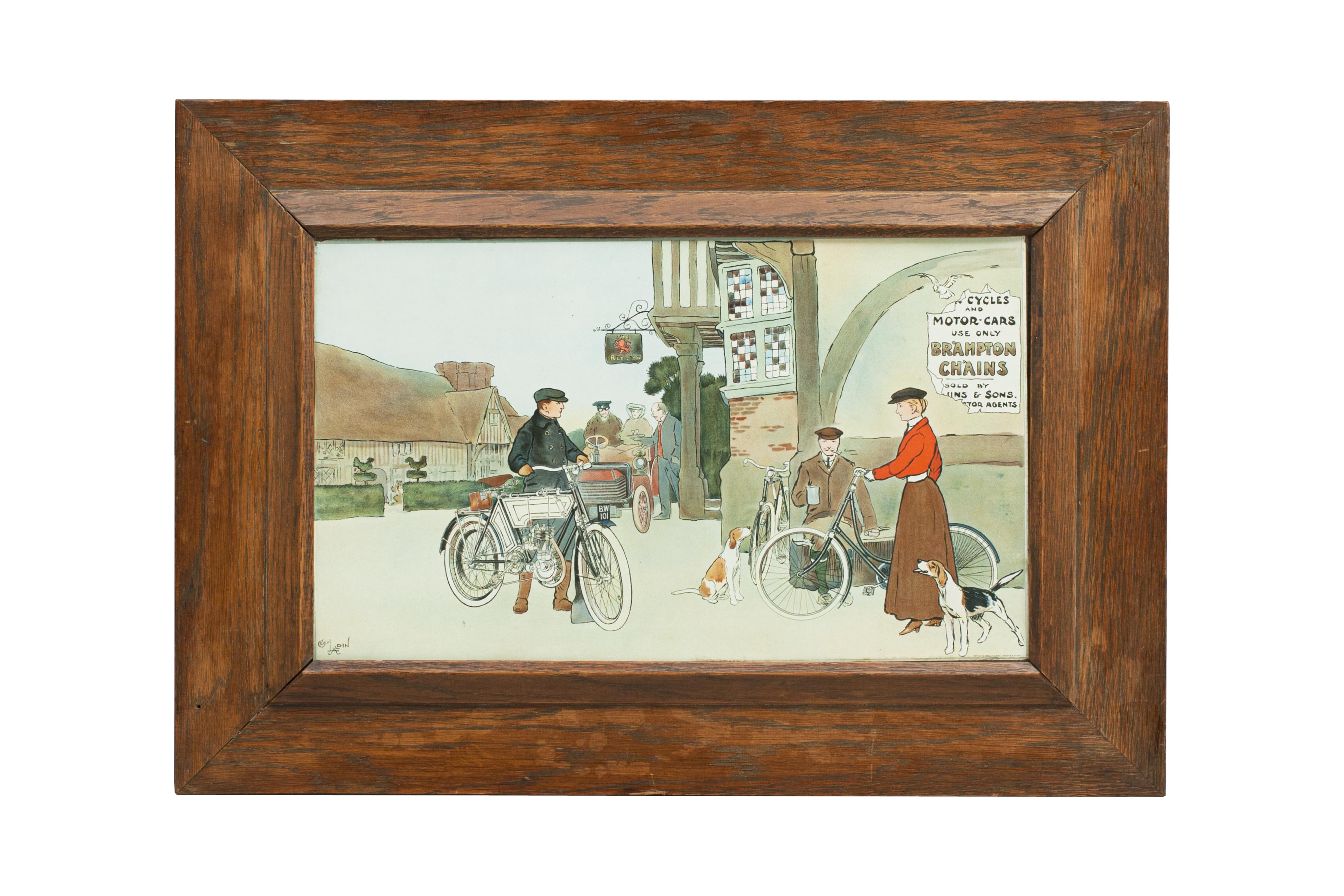 Bramptons chains Motoring print by Cecil Aldin
A very rare colorful motoring chromolithographic print after Cecil Aldin. The scene depicts a lady & gent with bicycles talking to a gentleman with motor cycle. In the background there is a couple in a