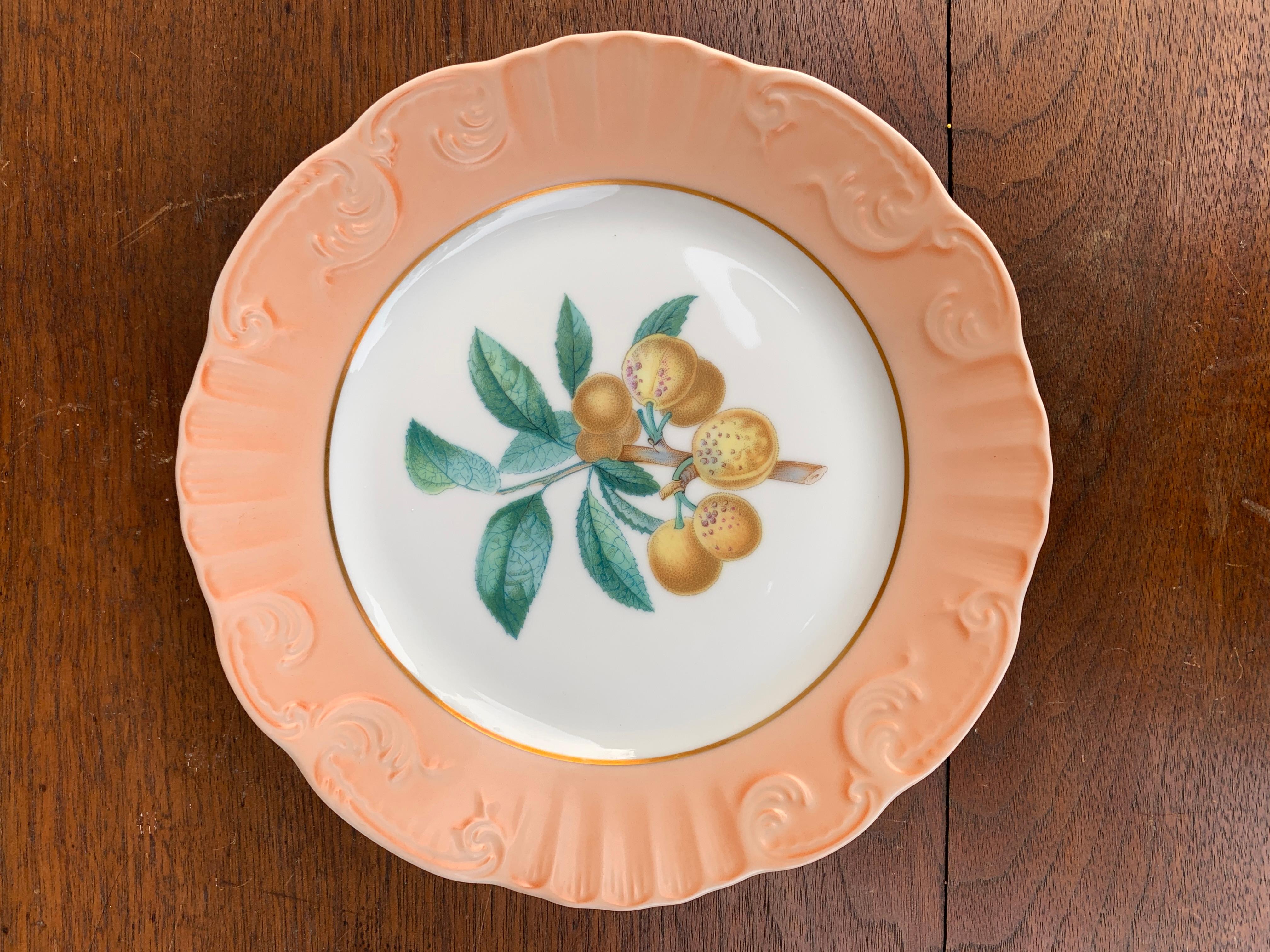 A gorgeous set of six salad, desert, or luncheon plates featuring summer fruits. These are ready to use at your table or would make lovely decoration hanging on the wall.

By Mottahedeh

Portugal, Circa 1990s

Measures: 8