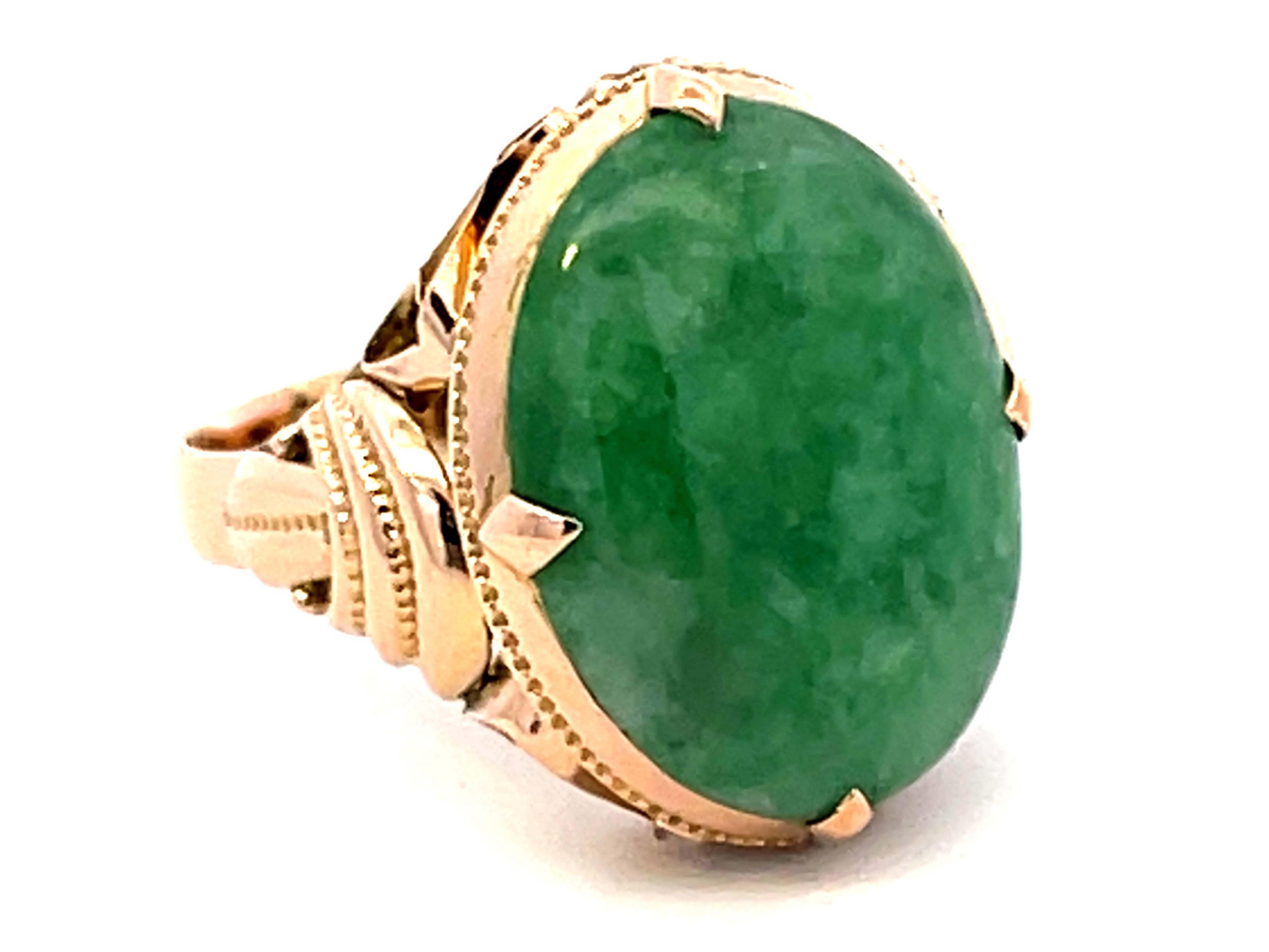 Modern Vintage Mottled Green Jade Ring in 14k Rose Gold For Sale
