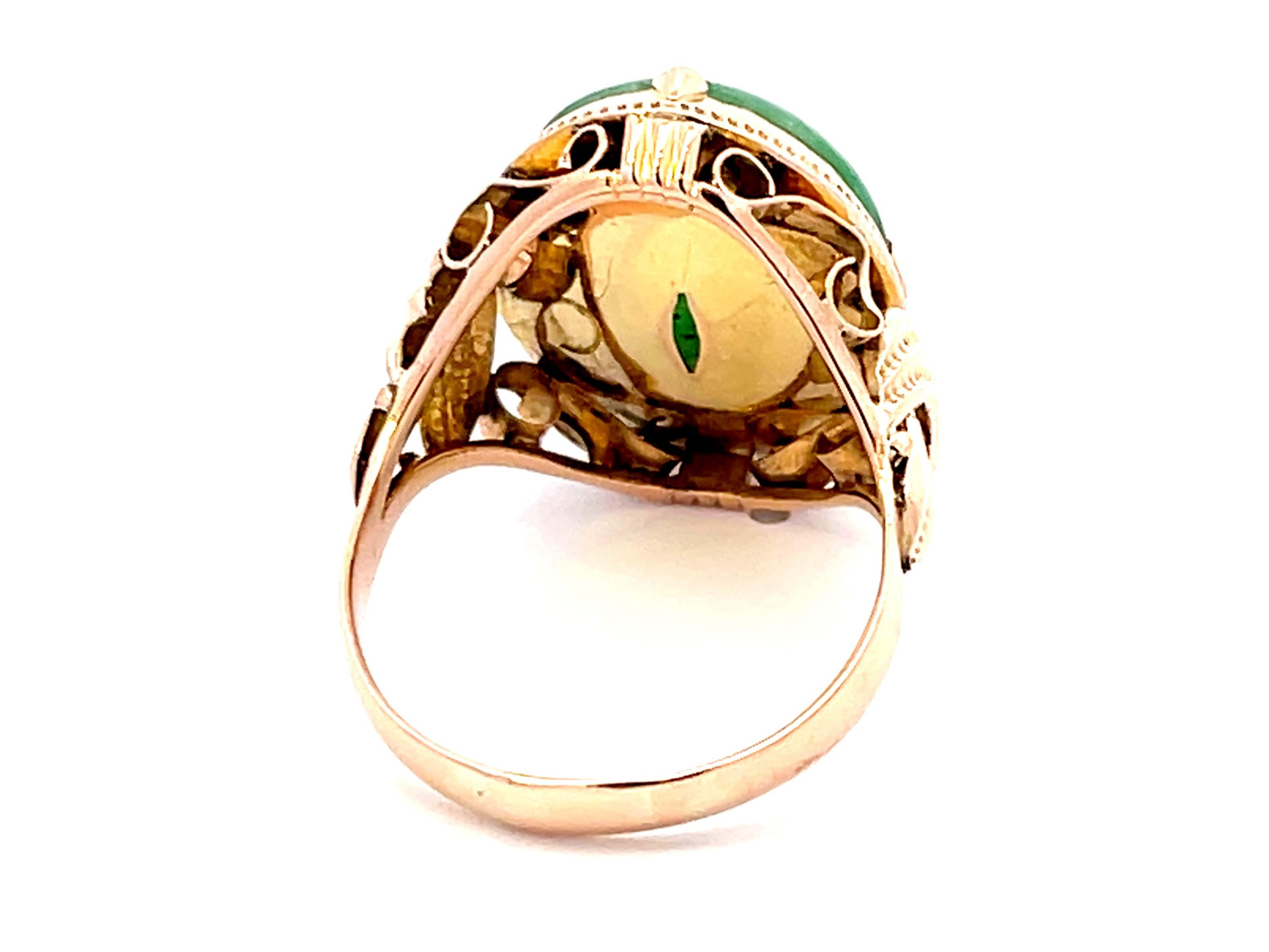 Vintage Mottled Green Jade Ring in 14k Rose Gold For Sale 1