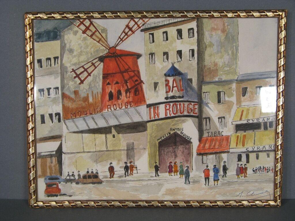 Vintage Moulin Rouge Pintura Acuarela, Firmado 1964 -1Y62 3