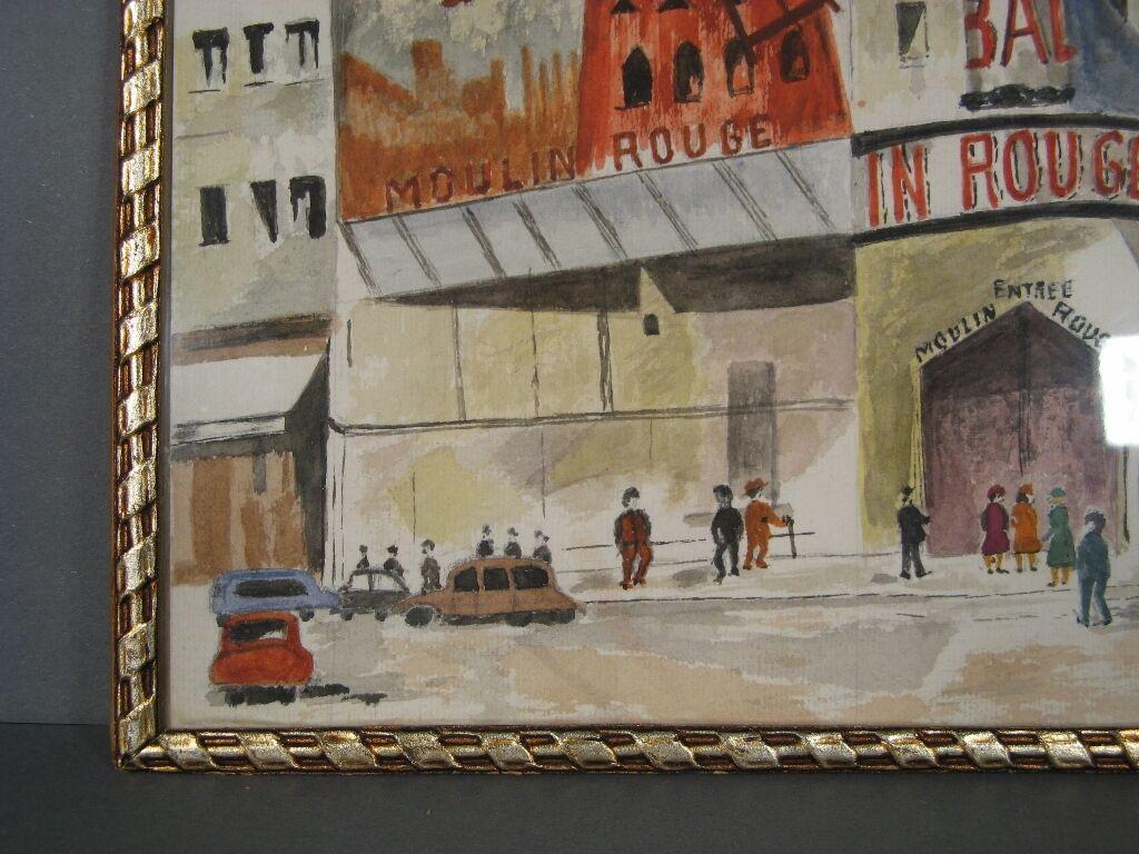 Vintage Moulin Rouge Pintura Acuarela, Firmado 1964 -1Y62 Lienzo