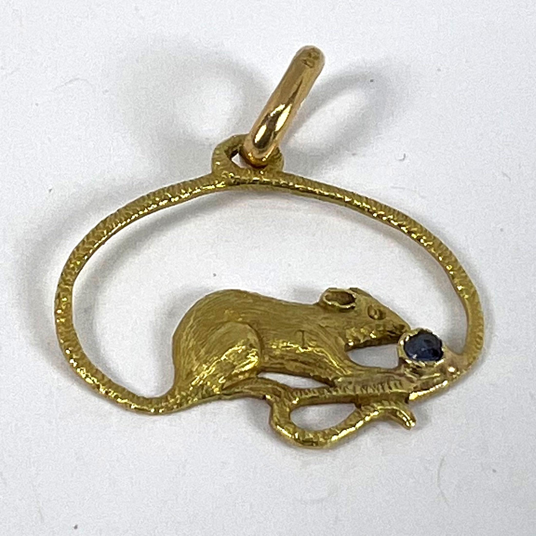 Pendentif à breloques en or jaune 18K avec saphir bleu Vintage Mouse en vente 8