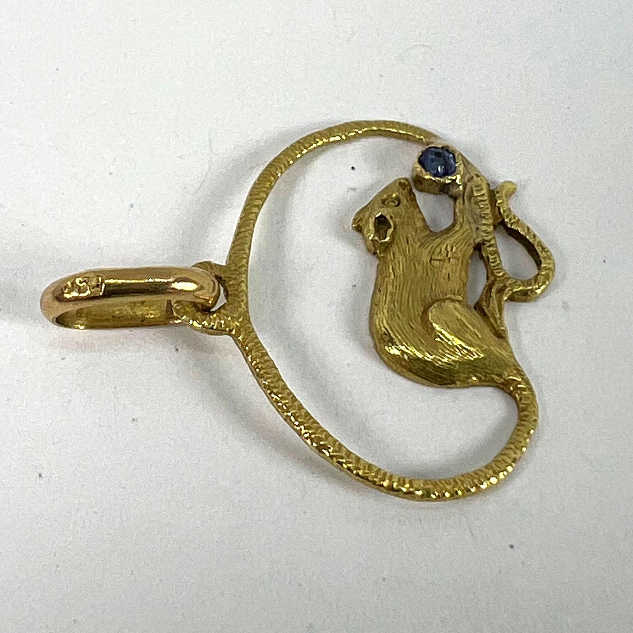 Pendentif à breloques en or jaune 18K avec saphir bleu Vintage Mouse en vente 9