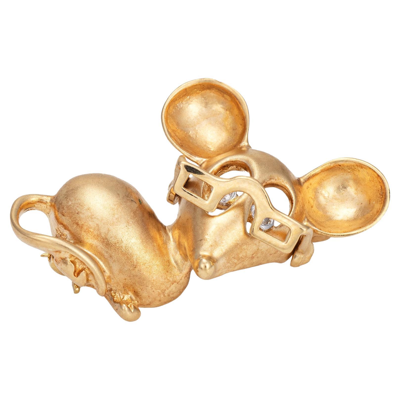 Vintage Mouse Pendant Movable Glasses 14k Yellow Gold Brooch Heirloom Jewelry