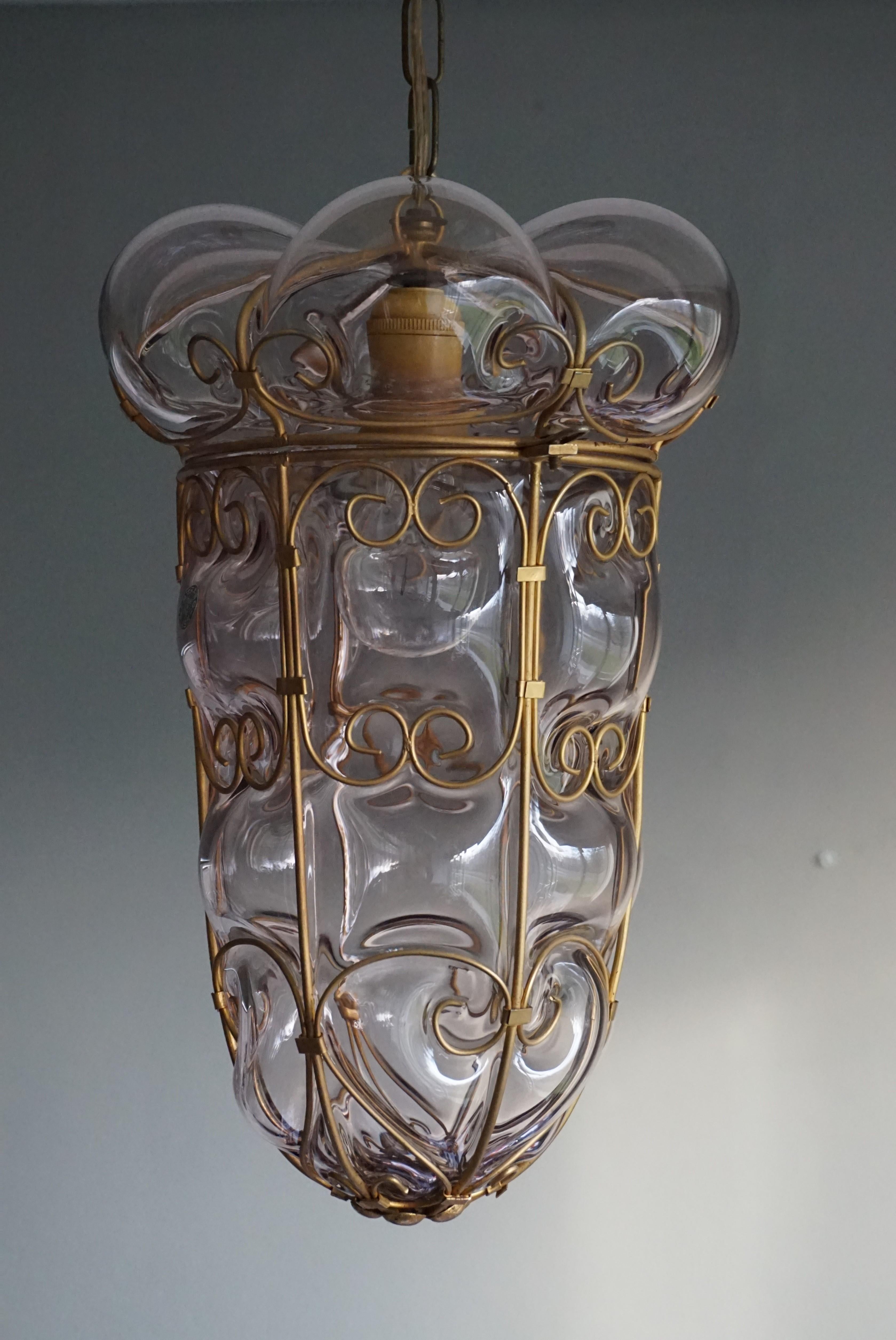Hand-Crafted Vintage Mouthblown Venetian & Murano Marked Glass into Metal Frame Pendant Light For Sale