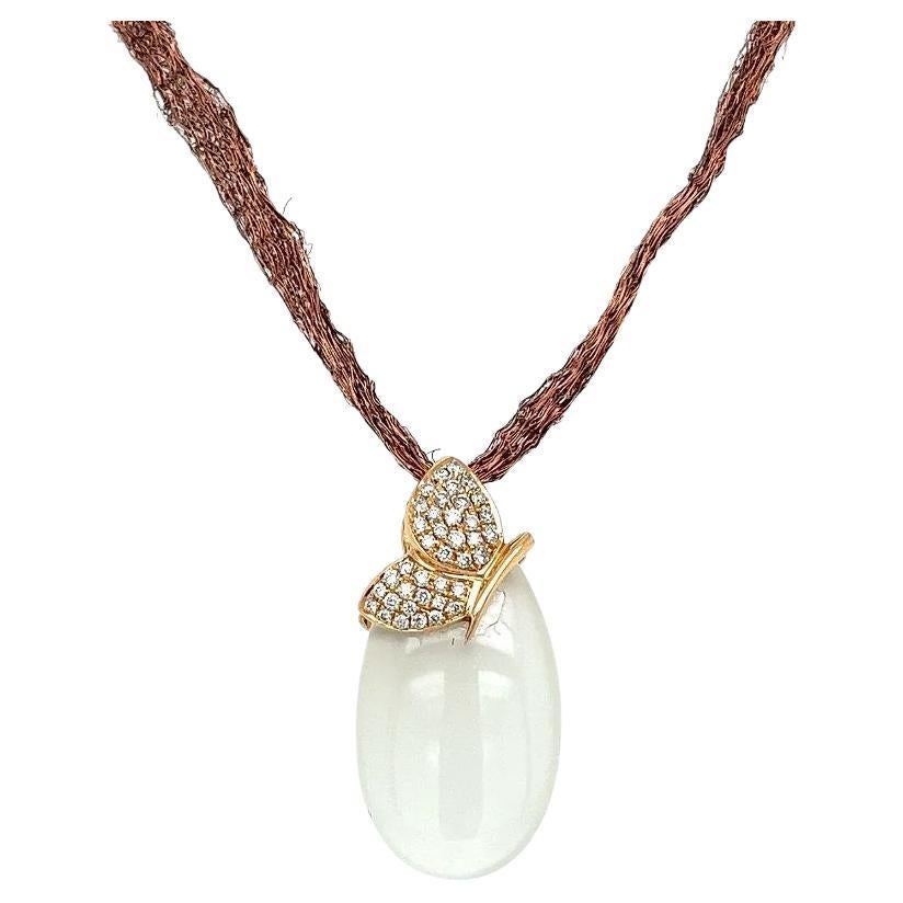 Vintage MOVADO Designer Diamond Gold Butterfly on Moonstone Drop Necklace For Sale