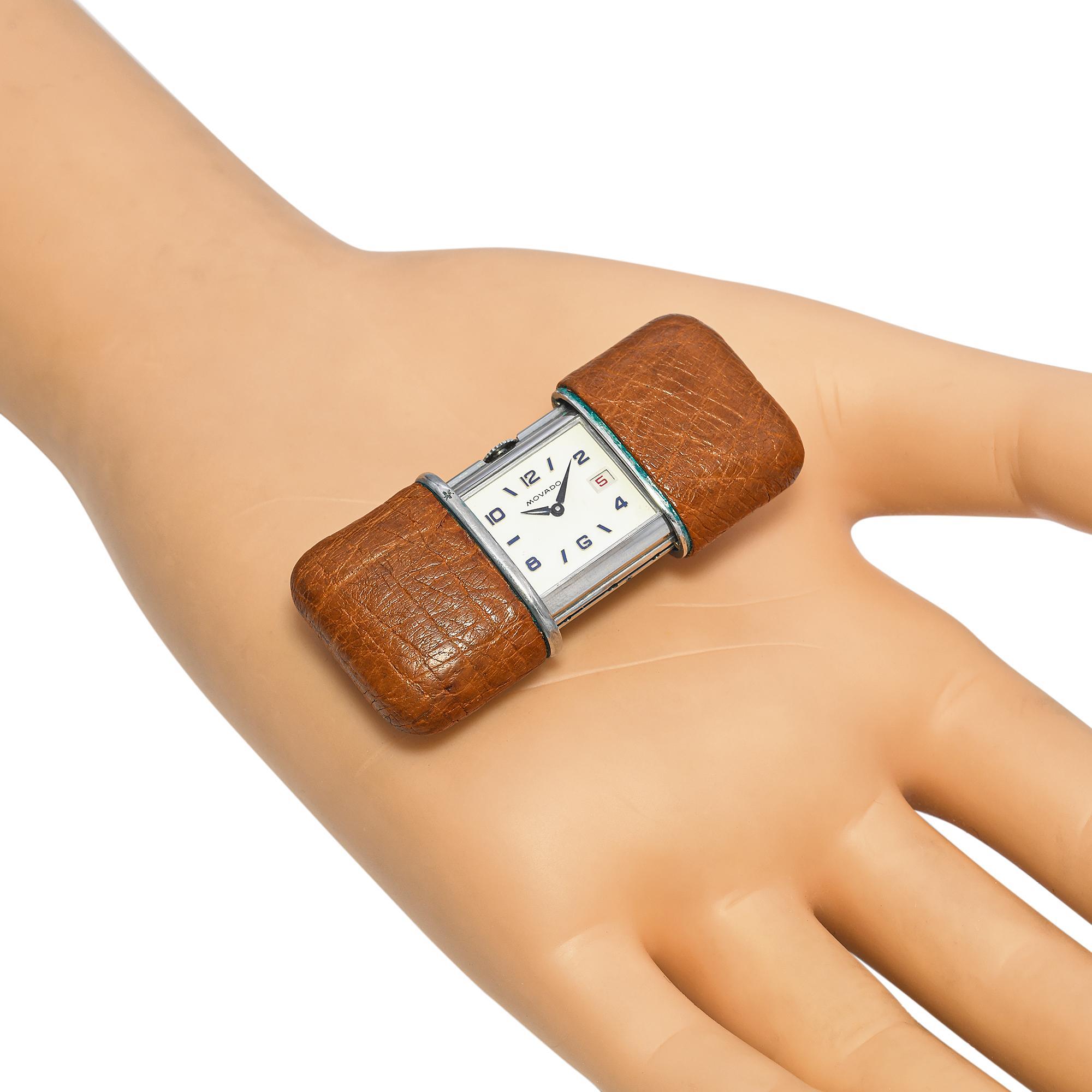 Reloj de viaje vintage Movado Ermeto Acero inoxidable Piel marrón Art Decó en venta