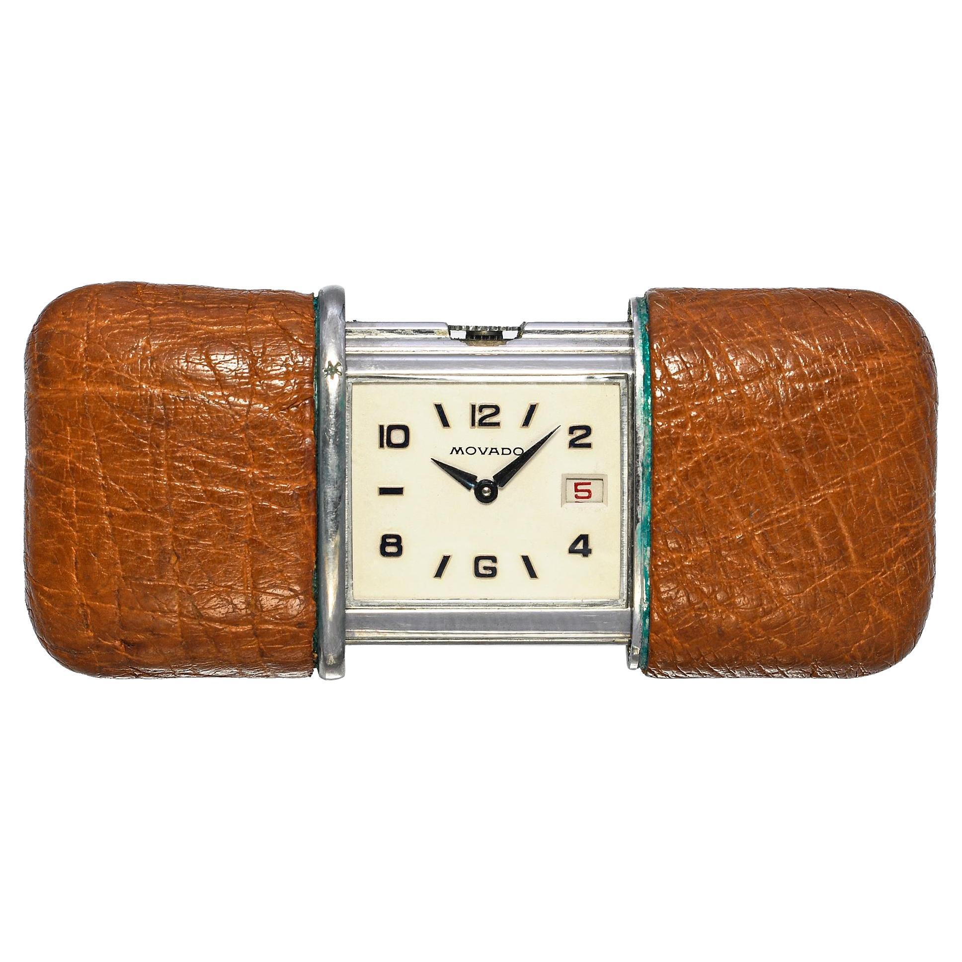 Reloj de viaje vintage Movado Ermeto Acero inoxidable Piel marrón