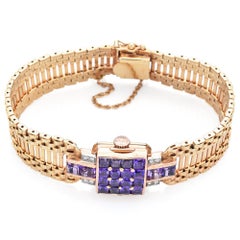 Movado im Vintage-Stil für Tiffany & Co. Damen Amethyst & Diamant Gold-Armbanduhr