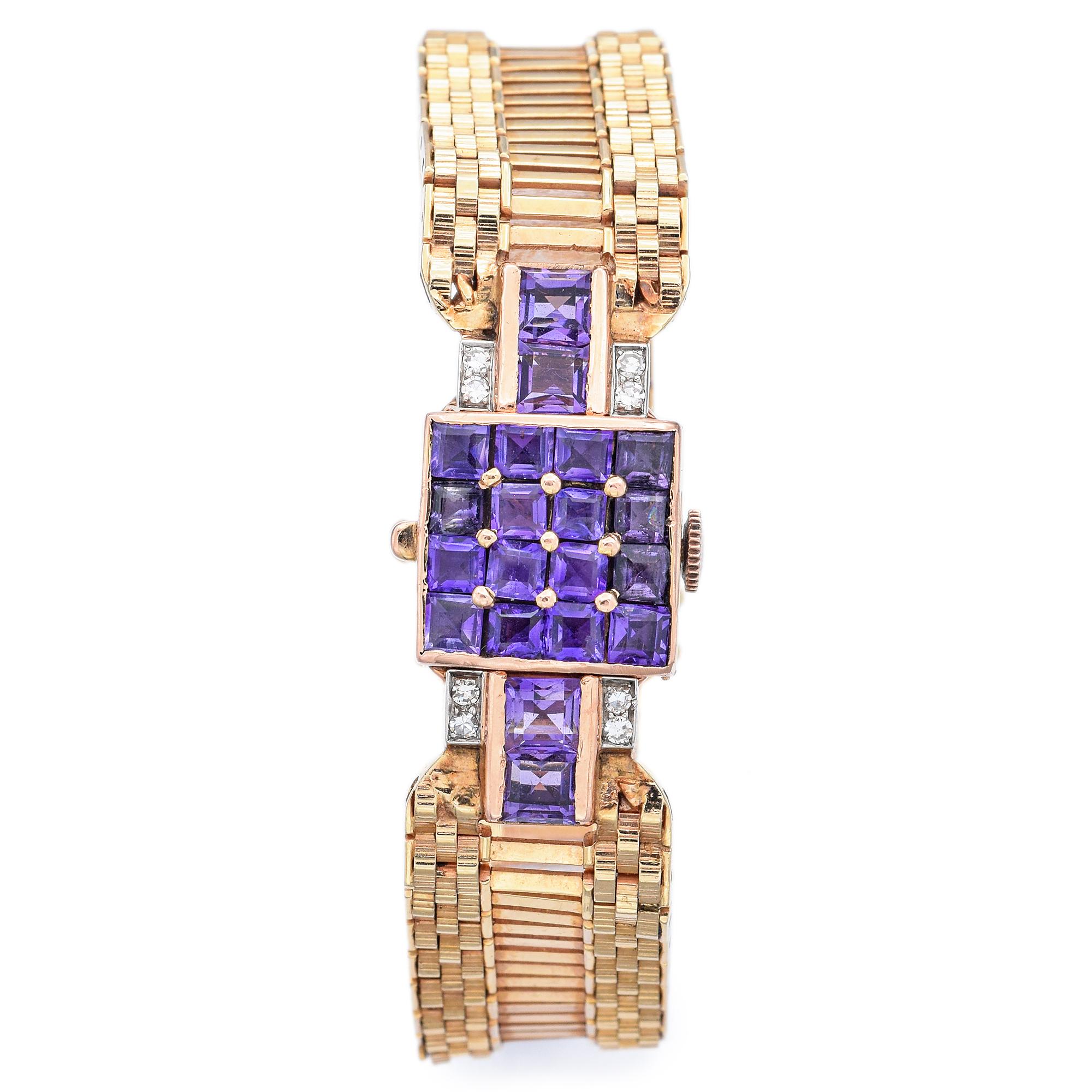 Vintage Movado for Tiffany & Co. Ladies Amethyst & Diamond Gold Wristwatch In Good Condition In New York, NY