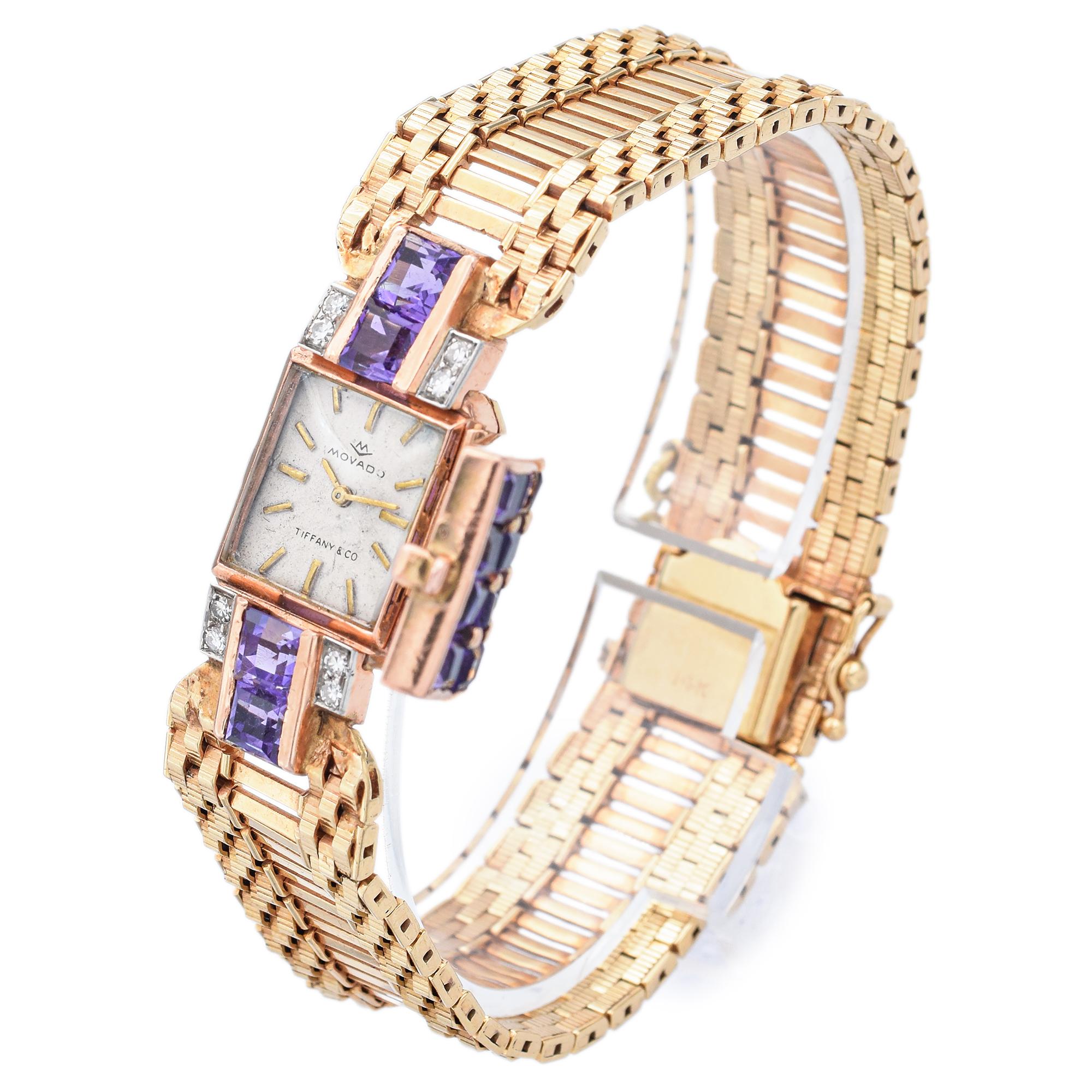 Women's Vintage Movado for Tiffany & Co. Ladies Amethyst & Diamond Gold Wristwatch
