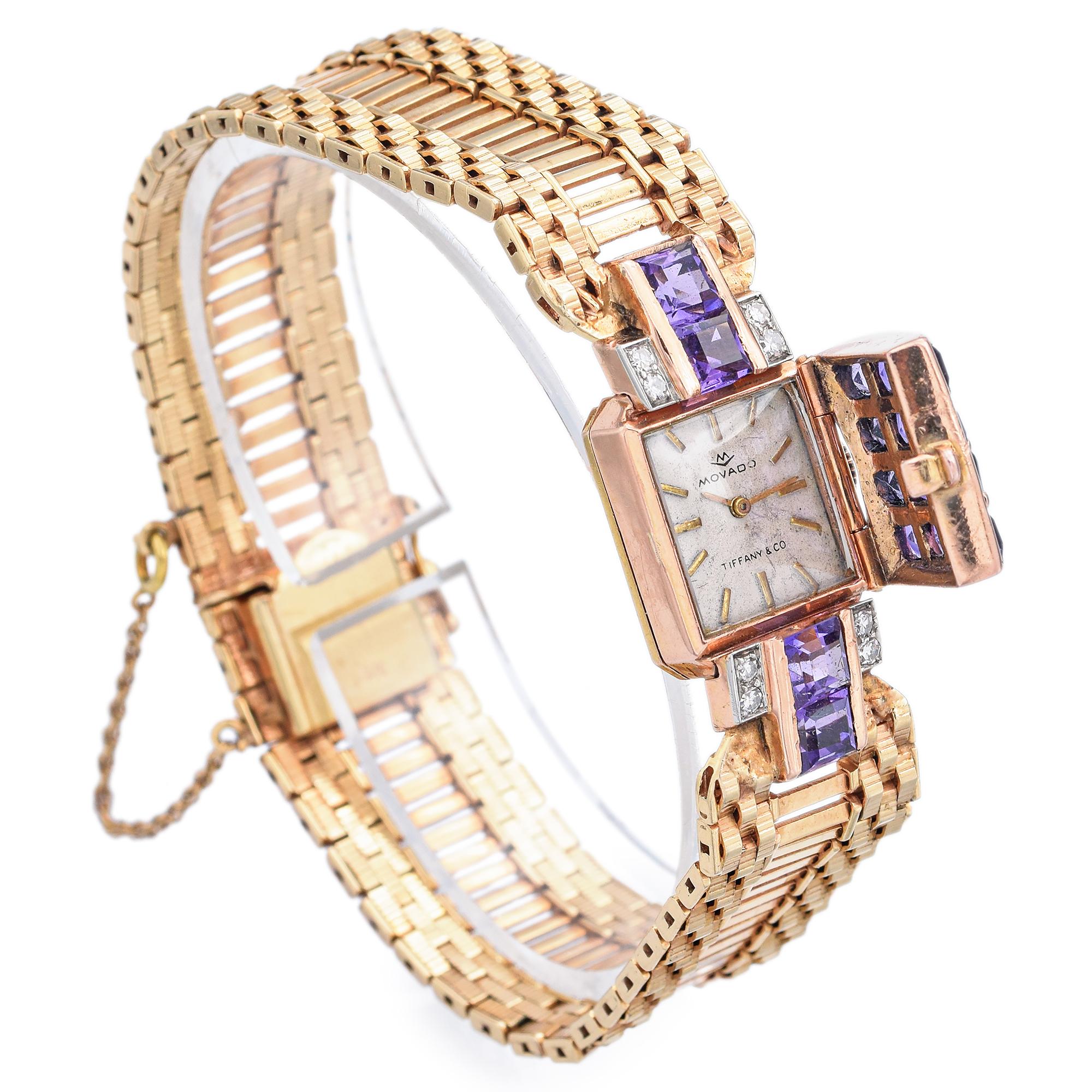 Vintage Movado for Tiffany & Co. Ladies Amethyst & Diamond Gold Wristwatch 1