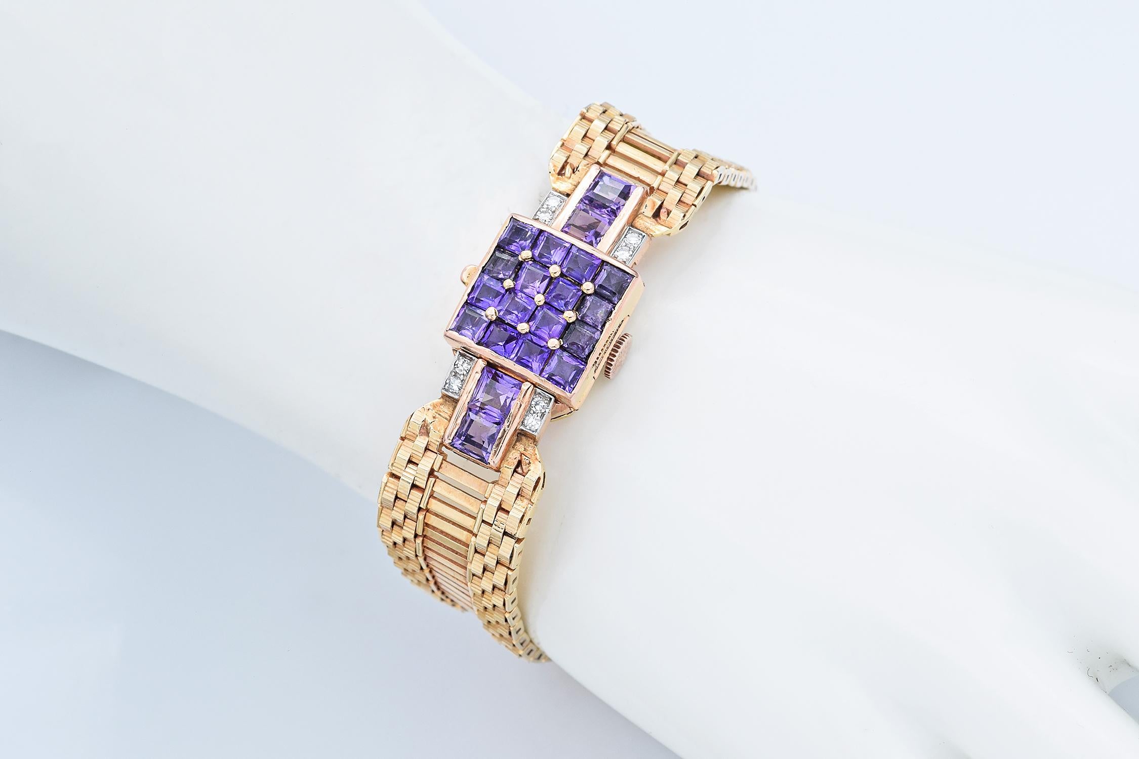 Vintage Movado for Tiffany & Co. Ladies Amethyst & Diamond Gold Wristwatch 3