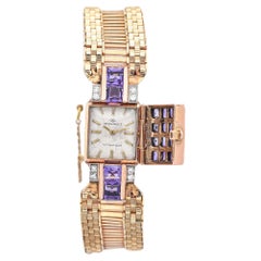 Movado im Vintage-Stil für Tiffany & Co. Damen Amethyst & Diamant Gold-Armbanduhr