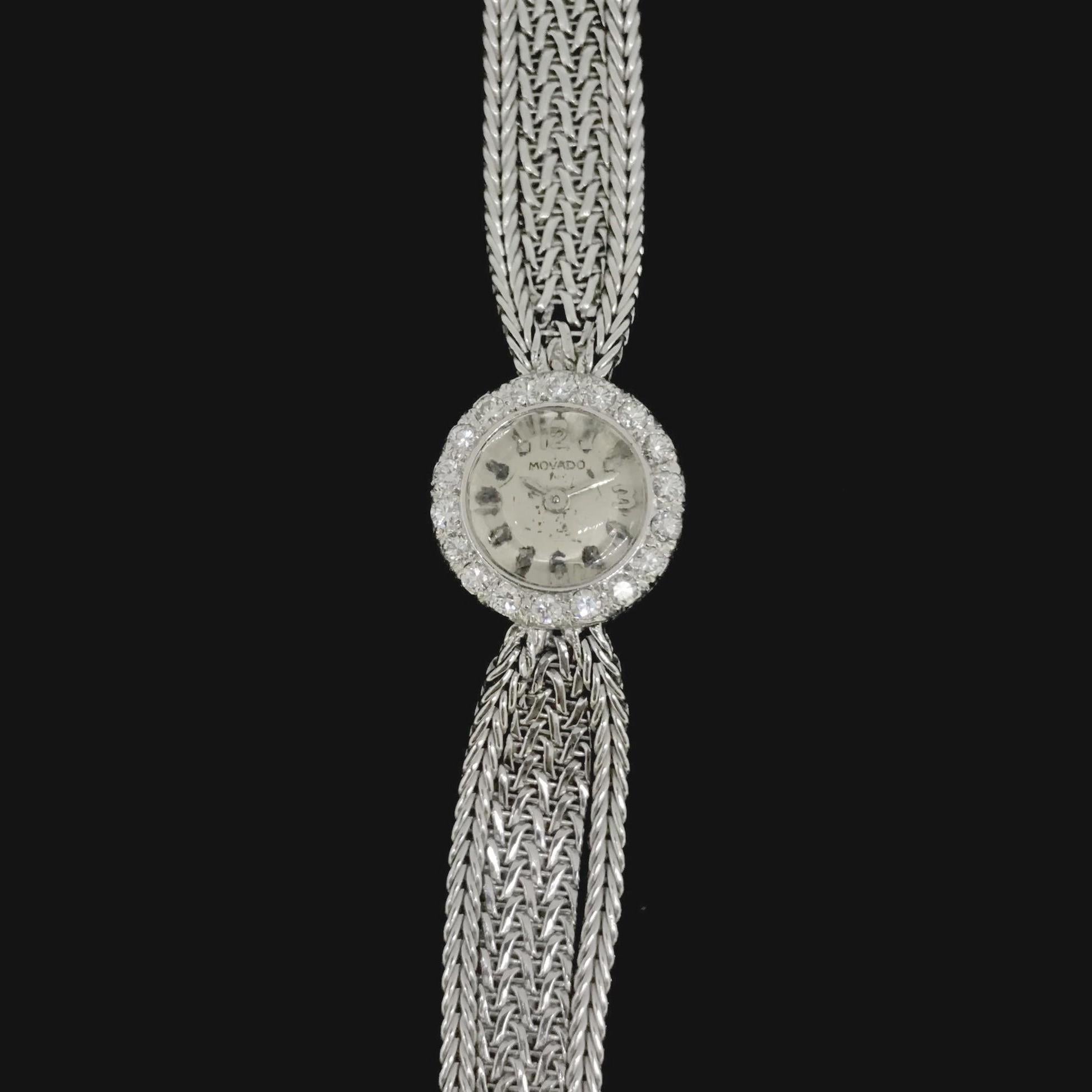 Montre-bracelet vintage Movado pour femme à remontage manuel en or blanc et diamants en vente 3