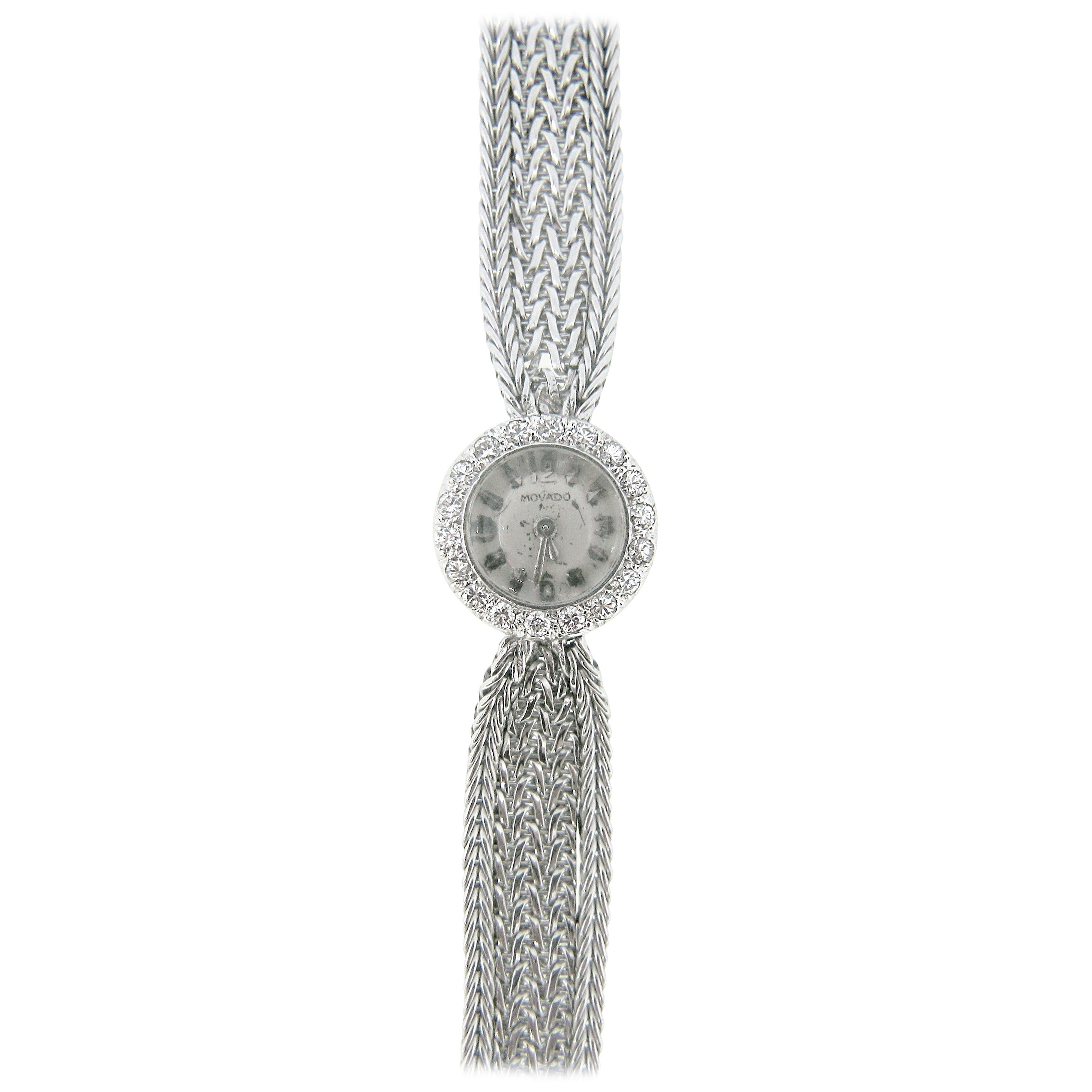 Montre-bracelet vintage Movado pour femme à remontage manuel en or blanc et diamants